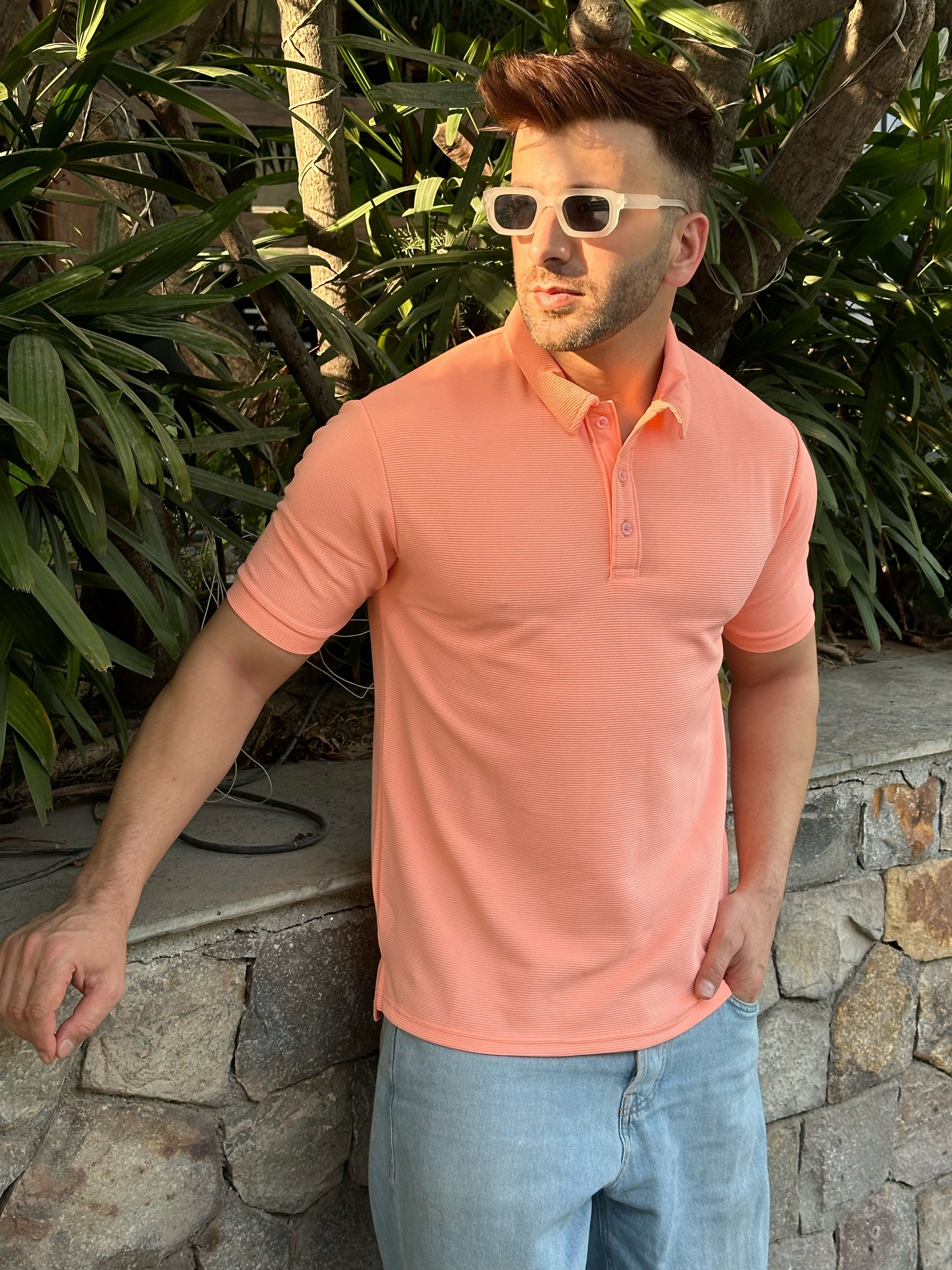 Coral Textured Polo T-Shirt