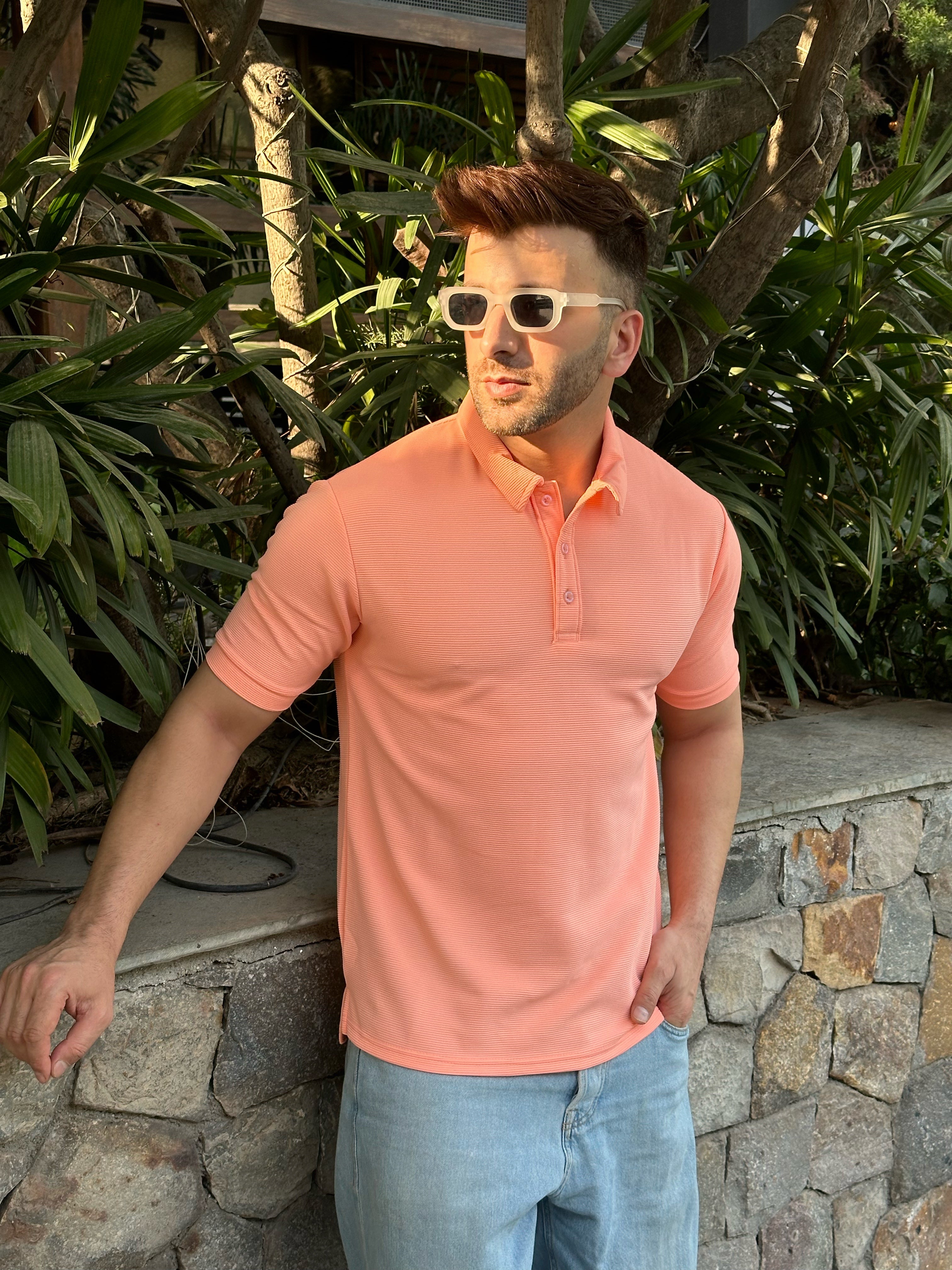 Coral Textured Polo T-Shirt