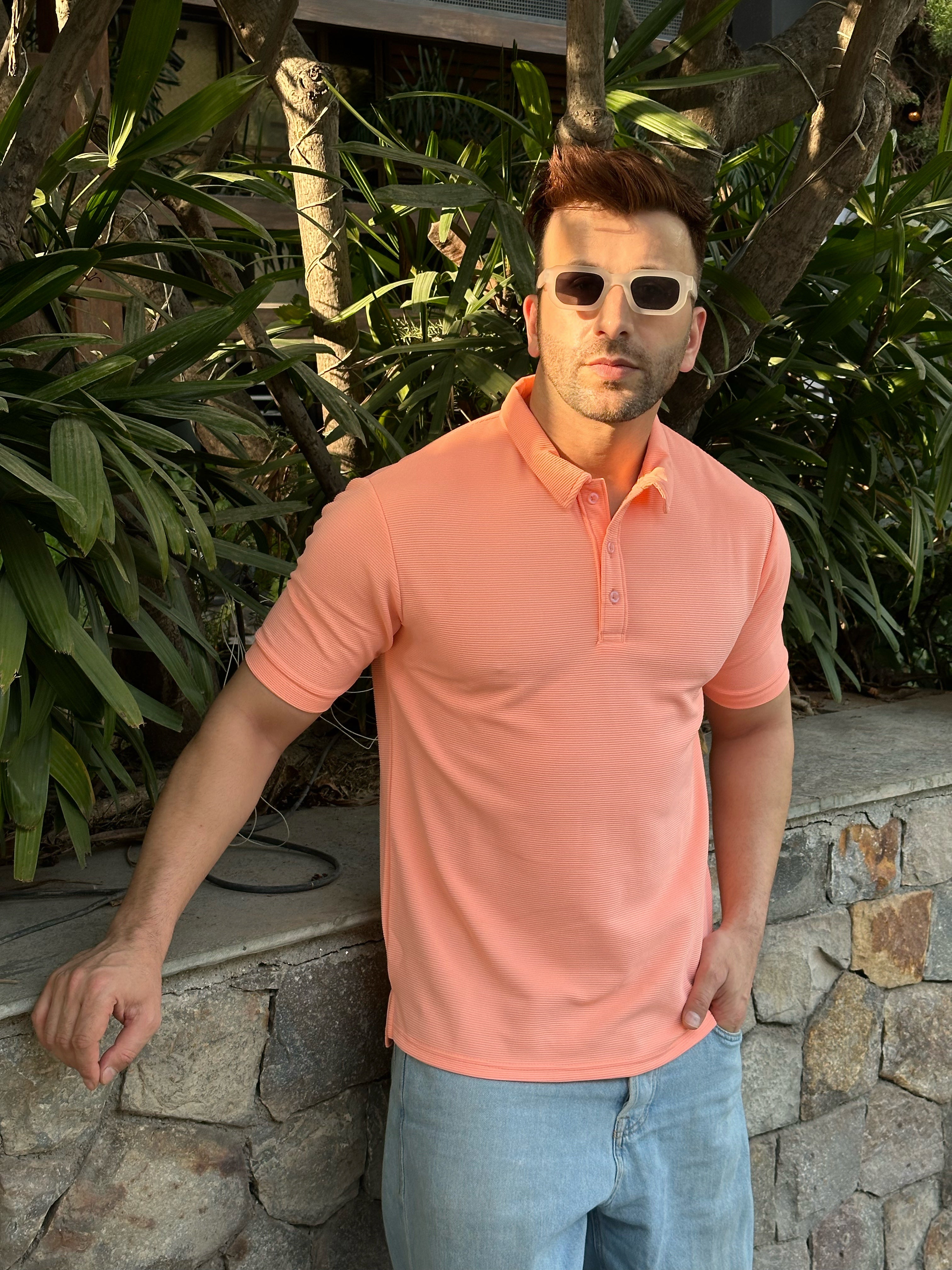 Coral Textured Polo T-Shirt