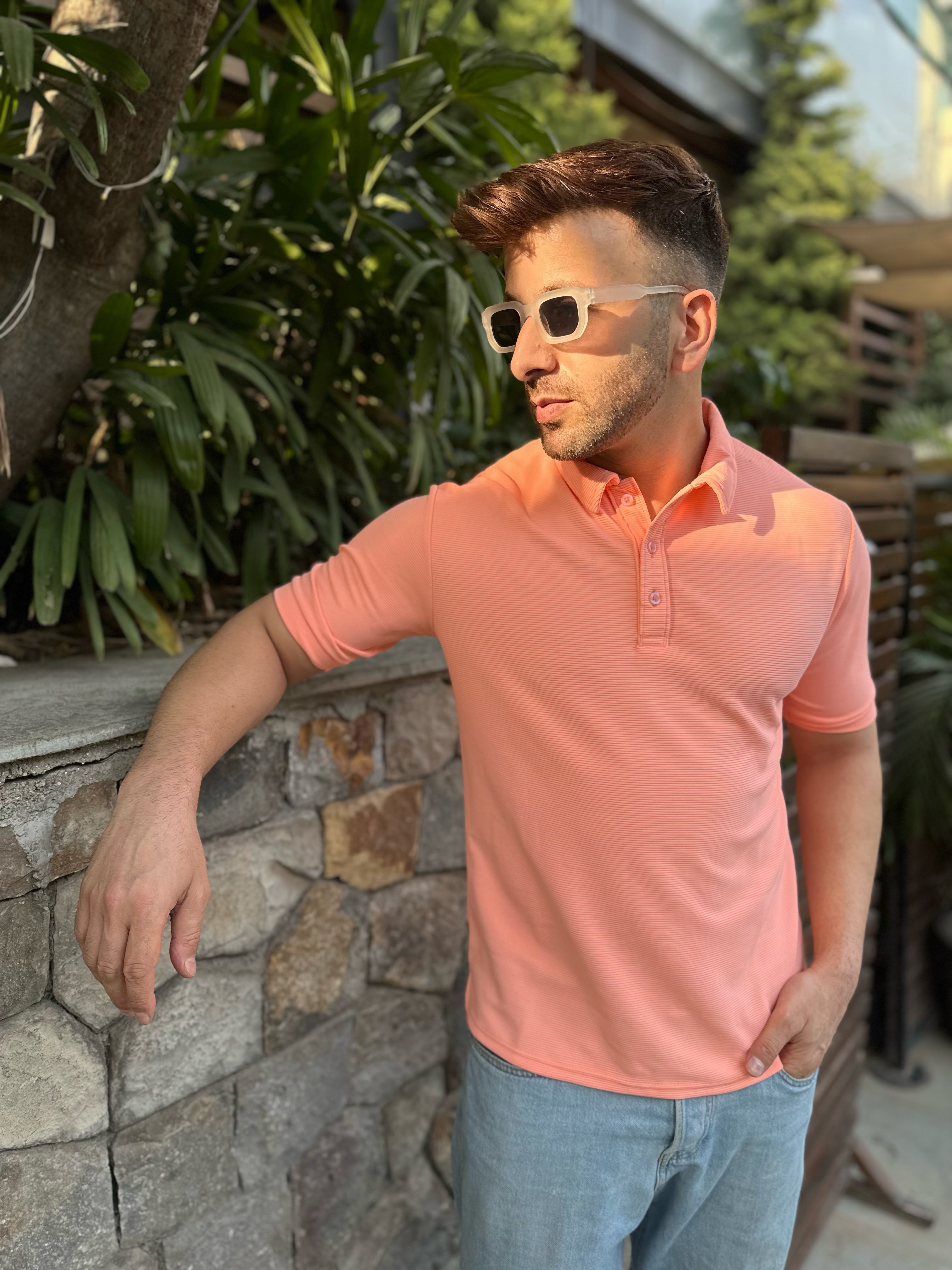 Coral Textured Polo T-Shirt