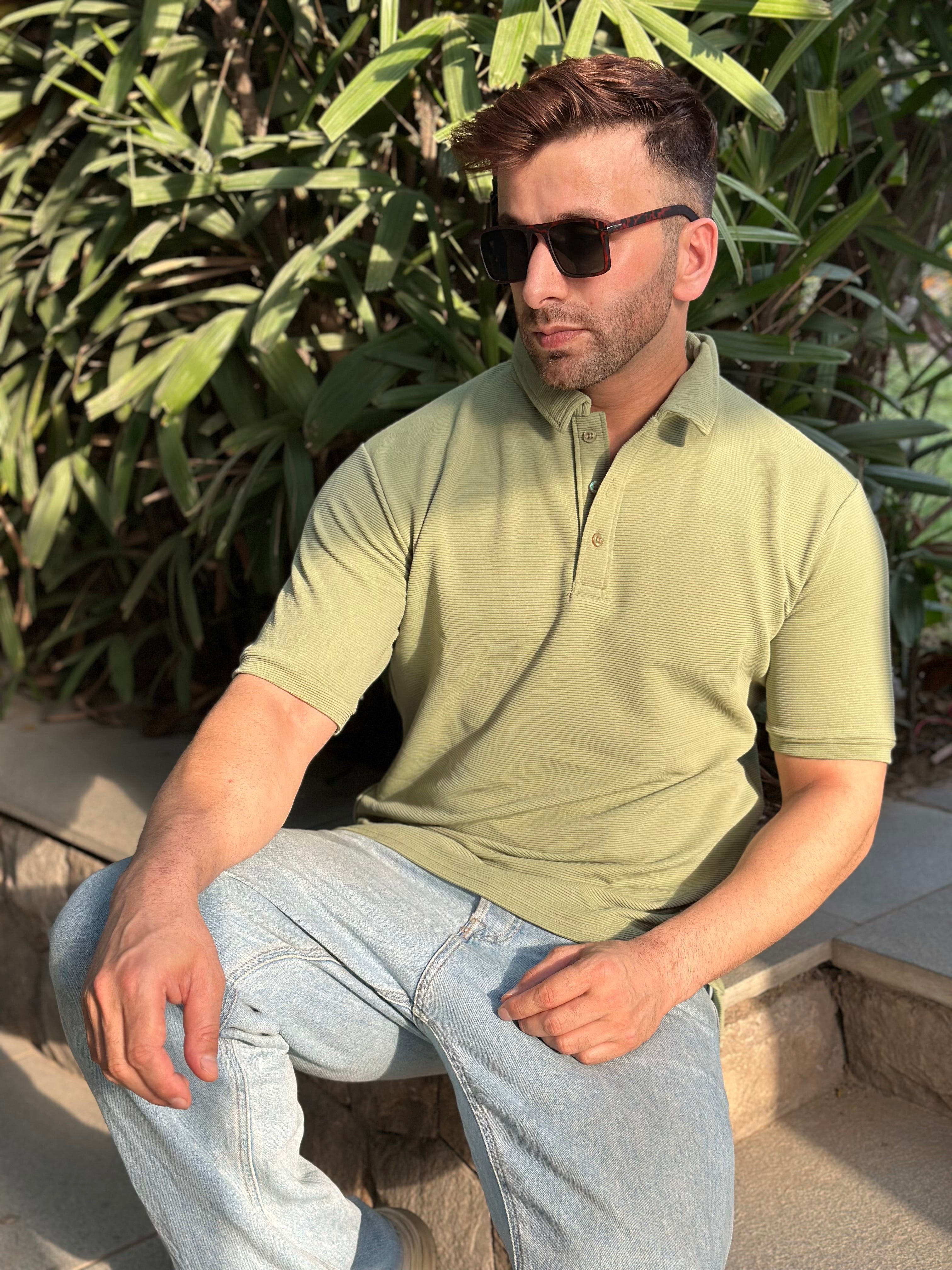 Green Textured Polo T-Shirt