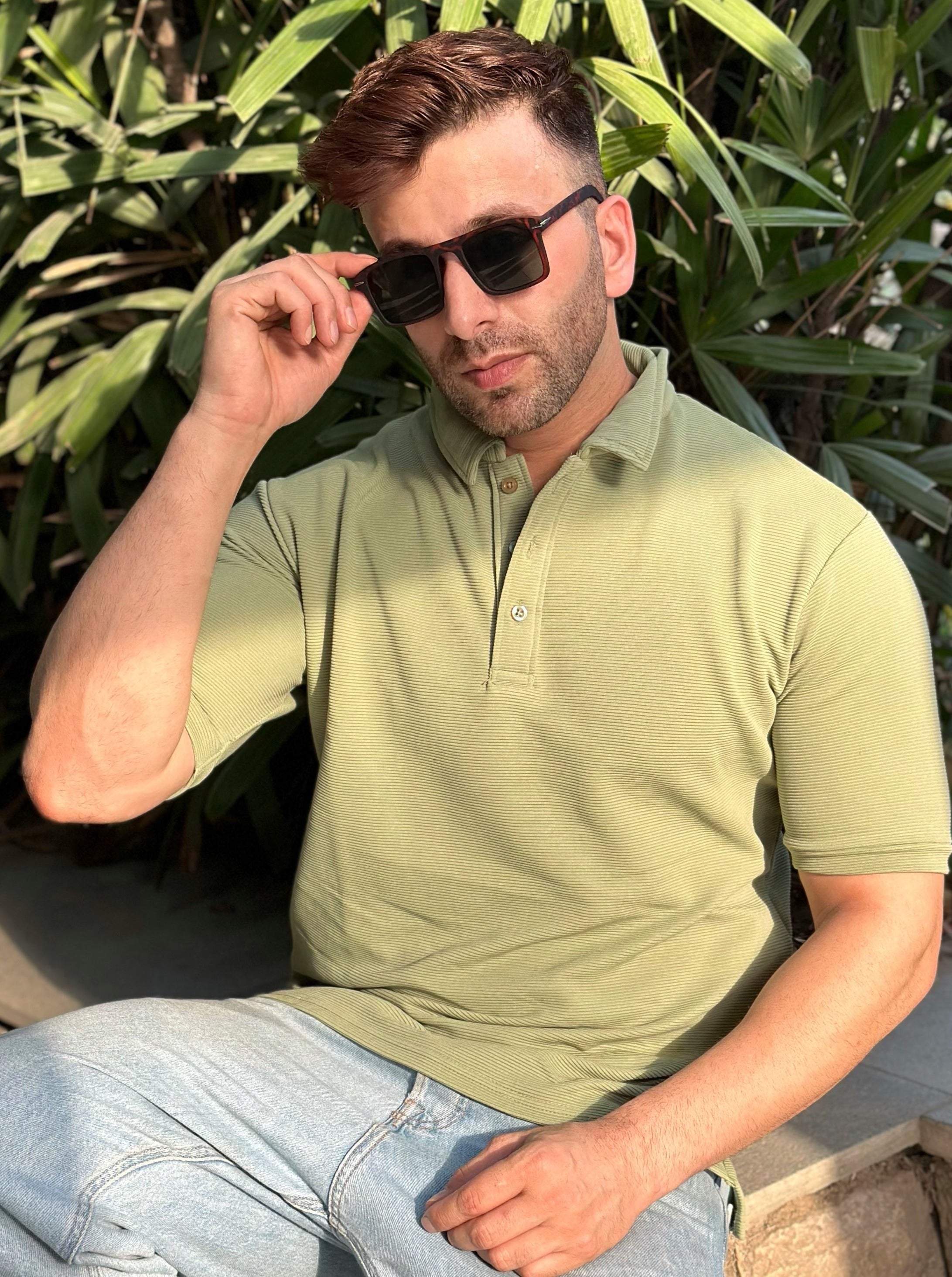 Green Textured Polo T-Shirt