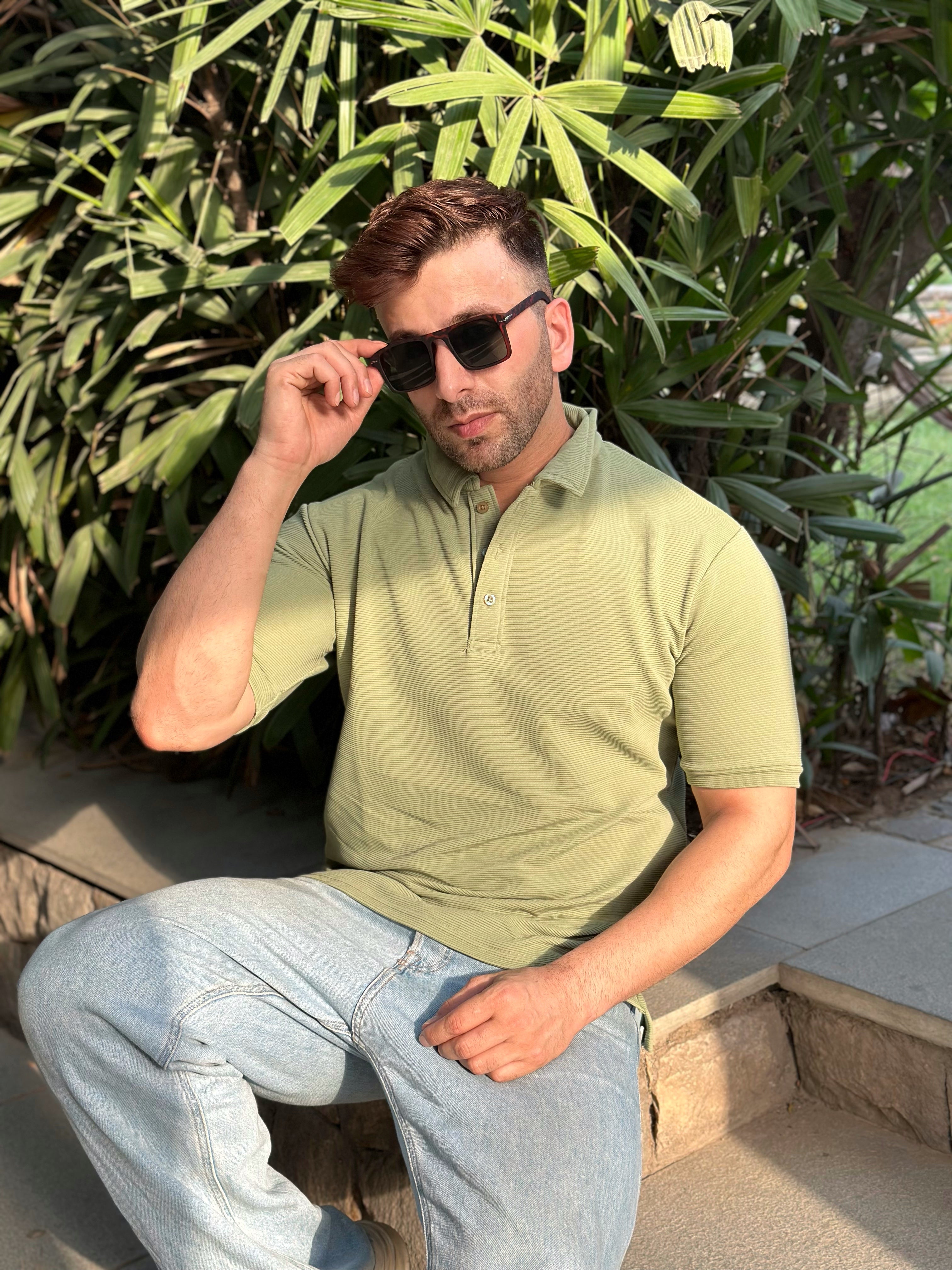 Green Textured Polo T-Shirt