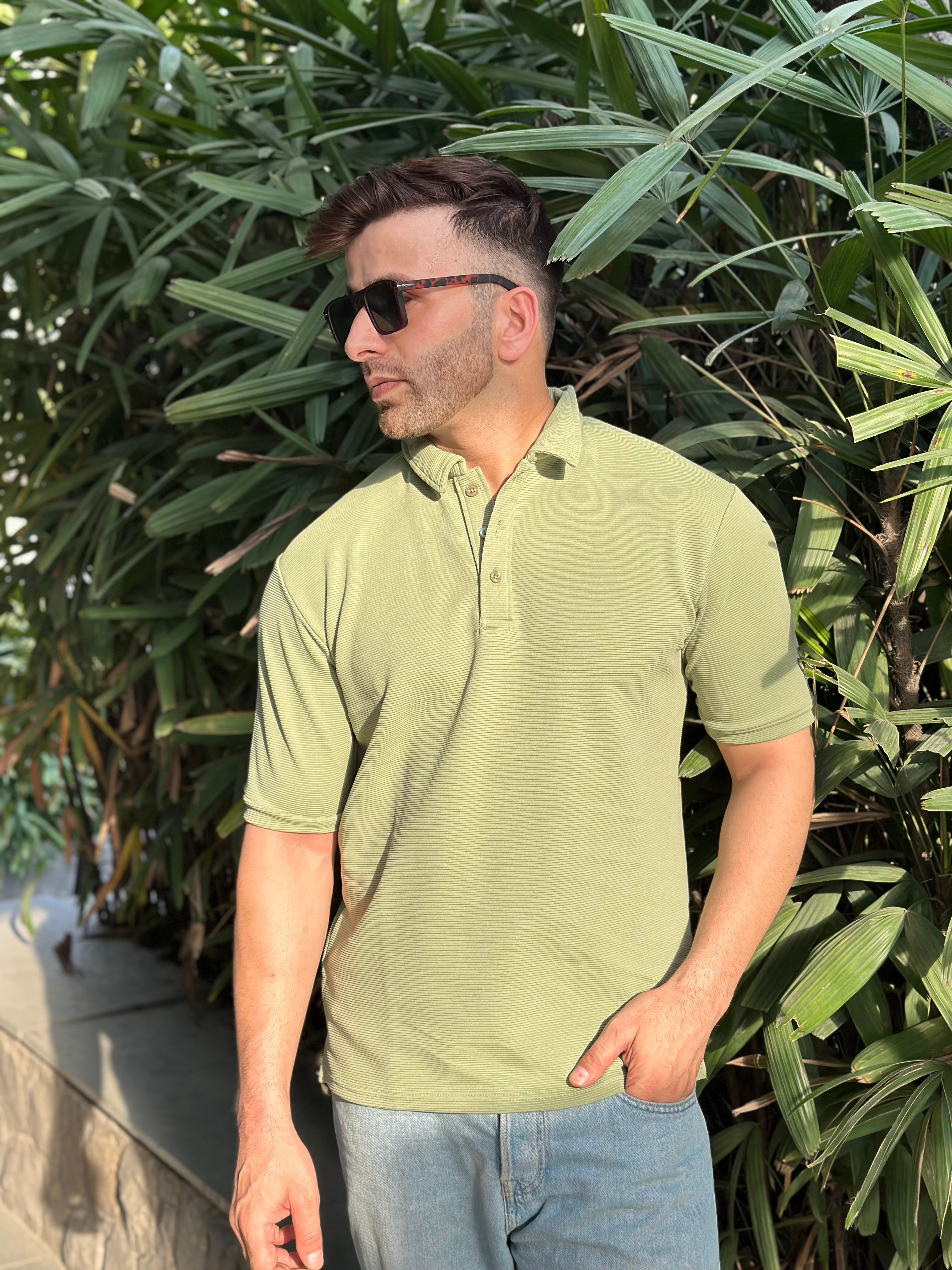 Green Textured Polo T-Shirt