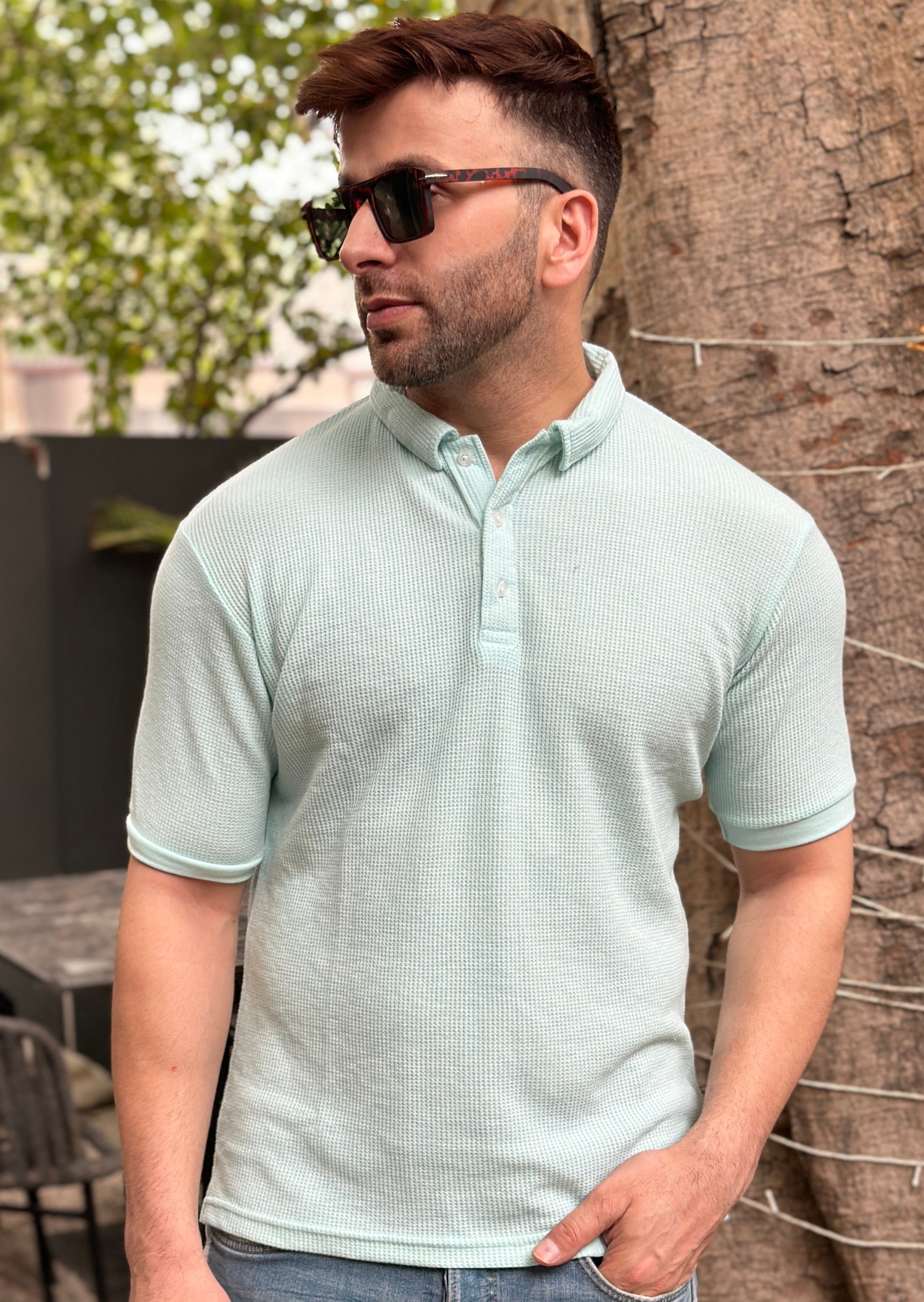 Sky Blue Waffle Polo T-Shirt