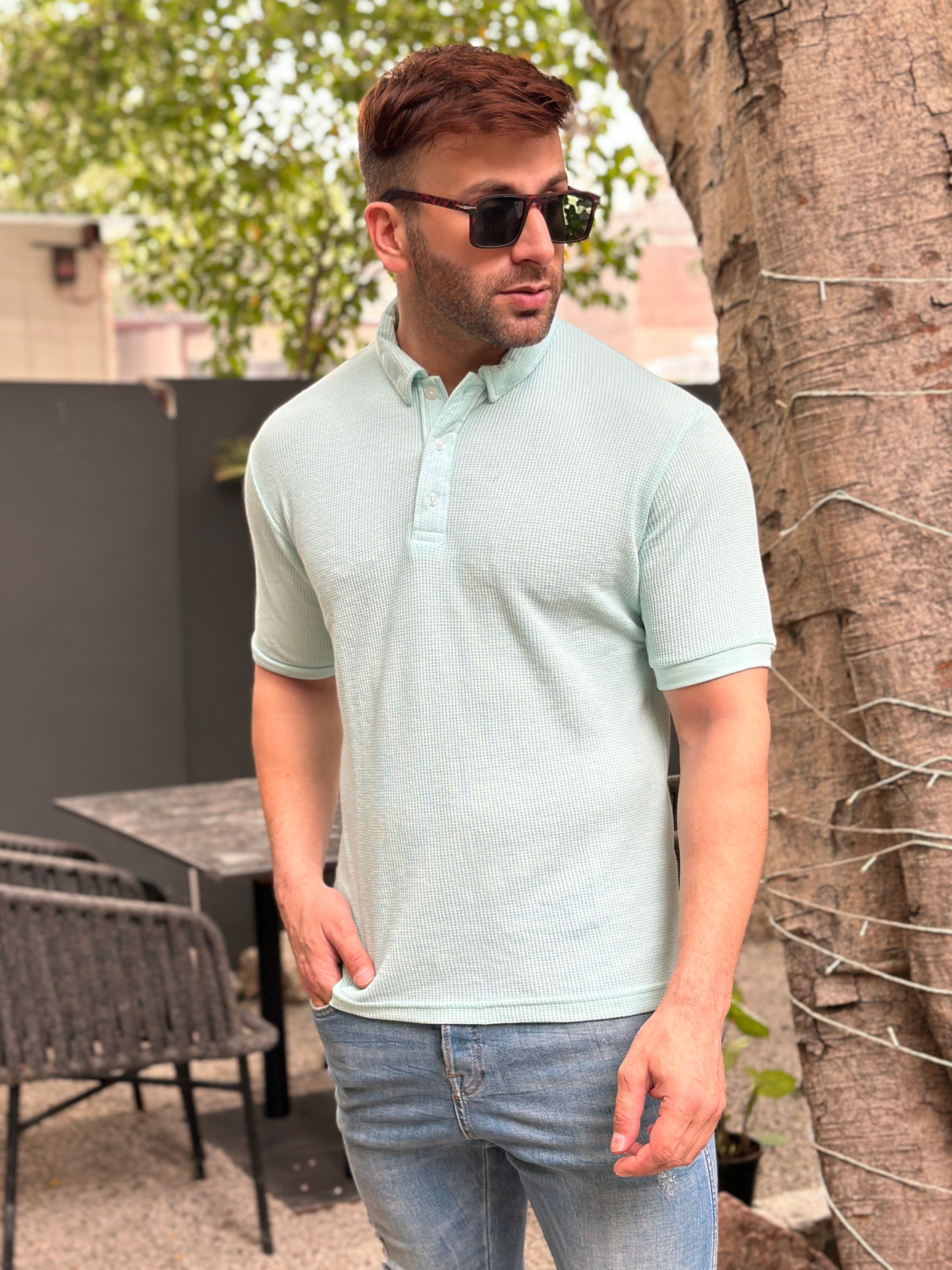 Sky Blue Waffle Polo T-Shirt