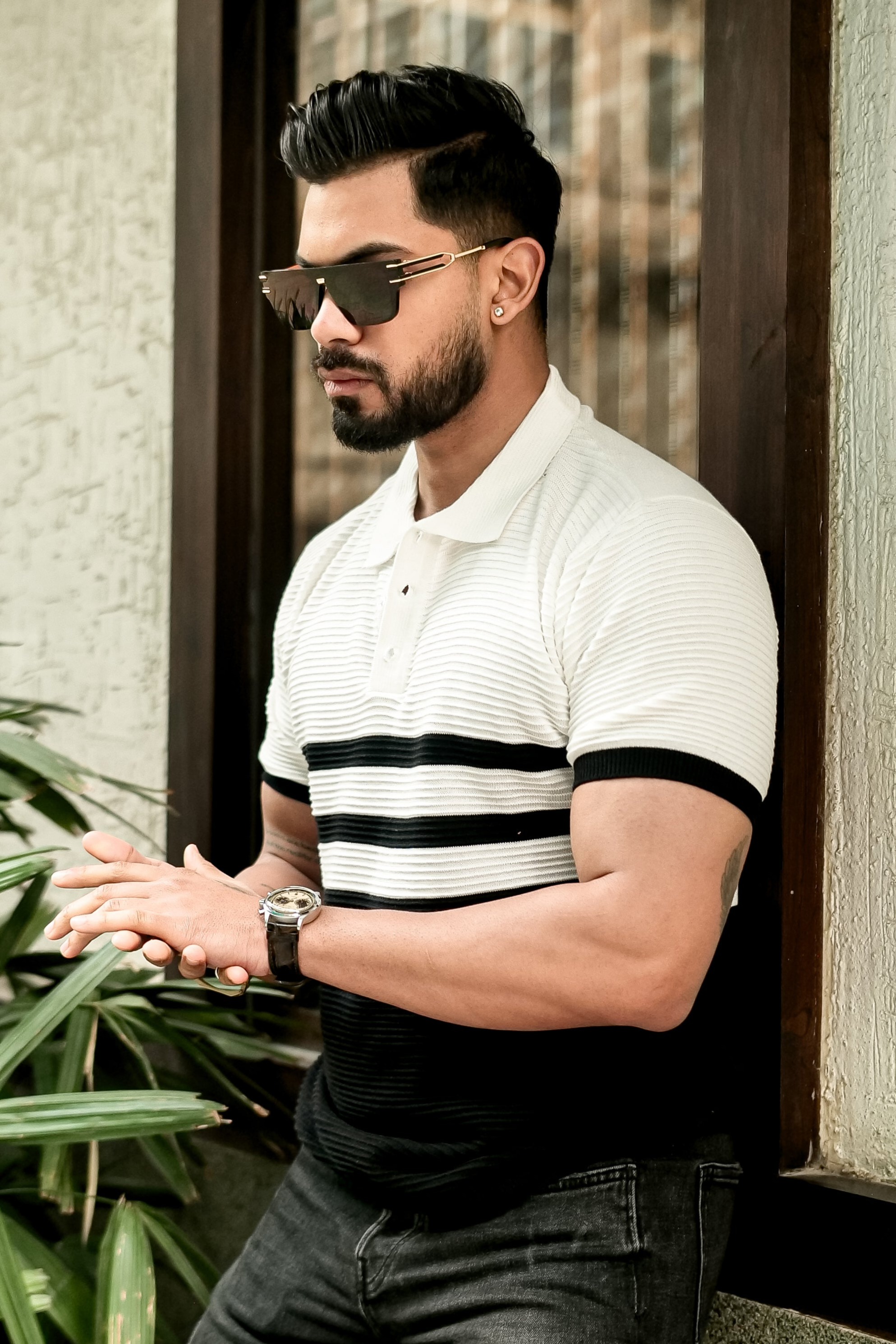 White Premium Flat Knit Stripe Polo T-Shirt