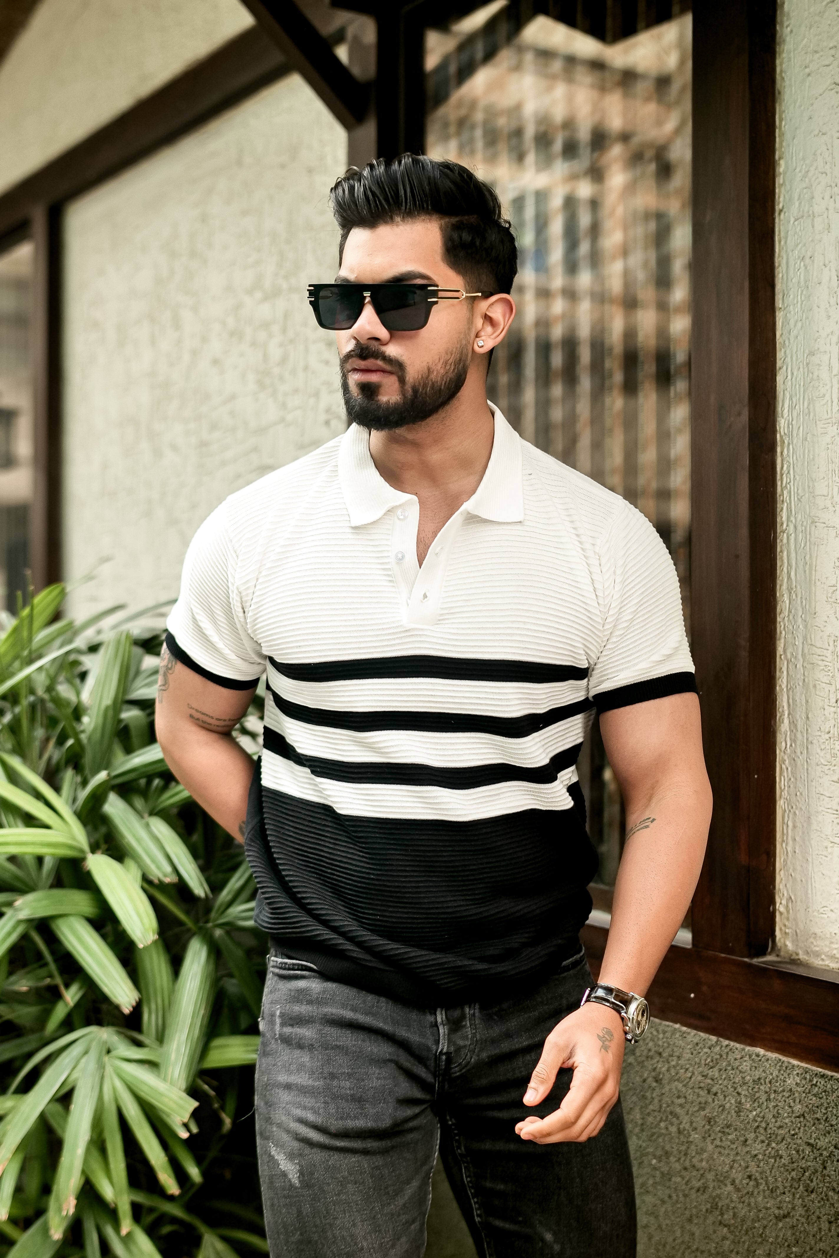 White Premium Flat Knit Stripe Polo T-Shirt