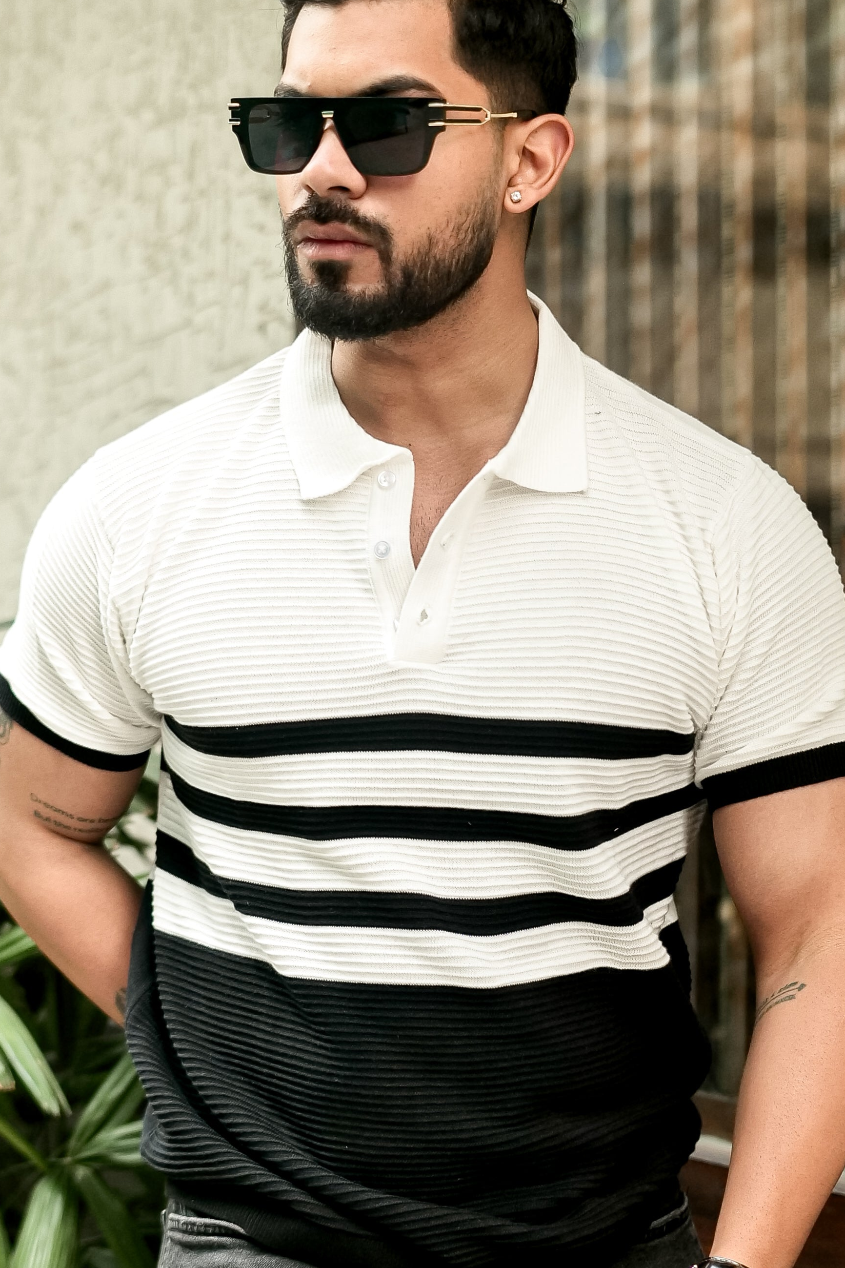 White Premium Flat Knit Stripe Polo T-Shirt