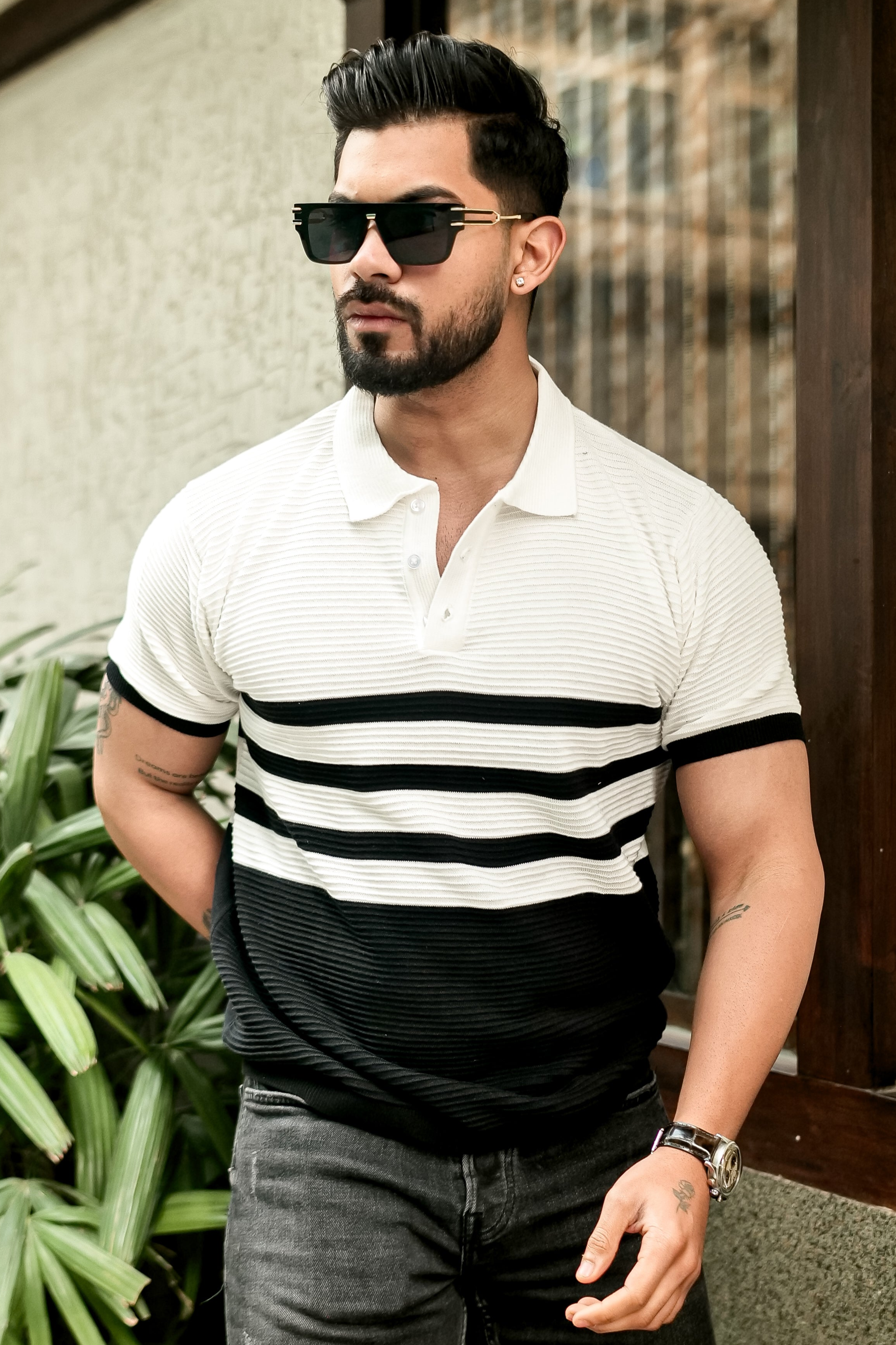 White Premium Flat Knit Stripe Polo T-Shirt