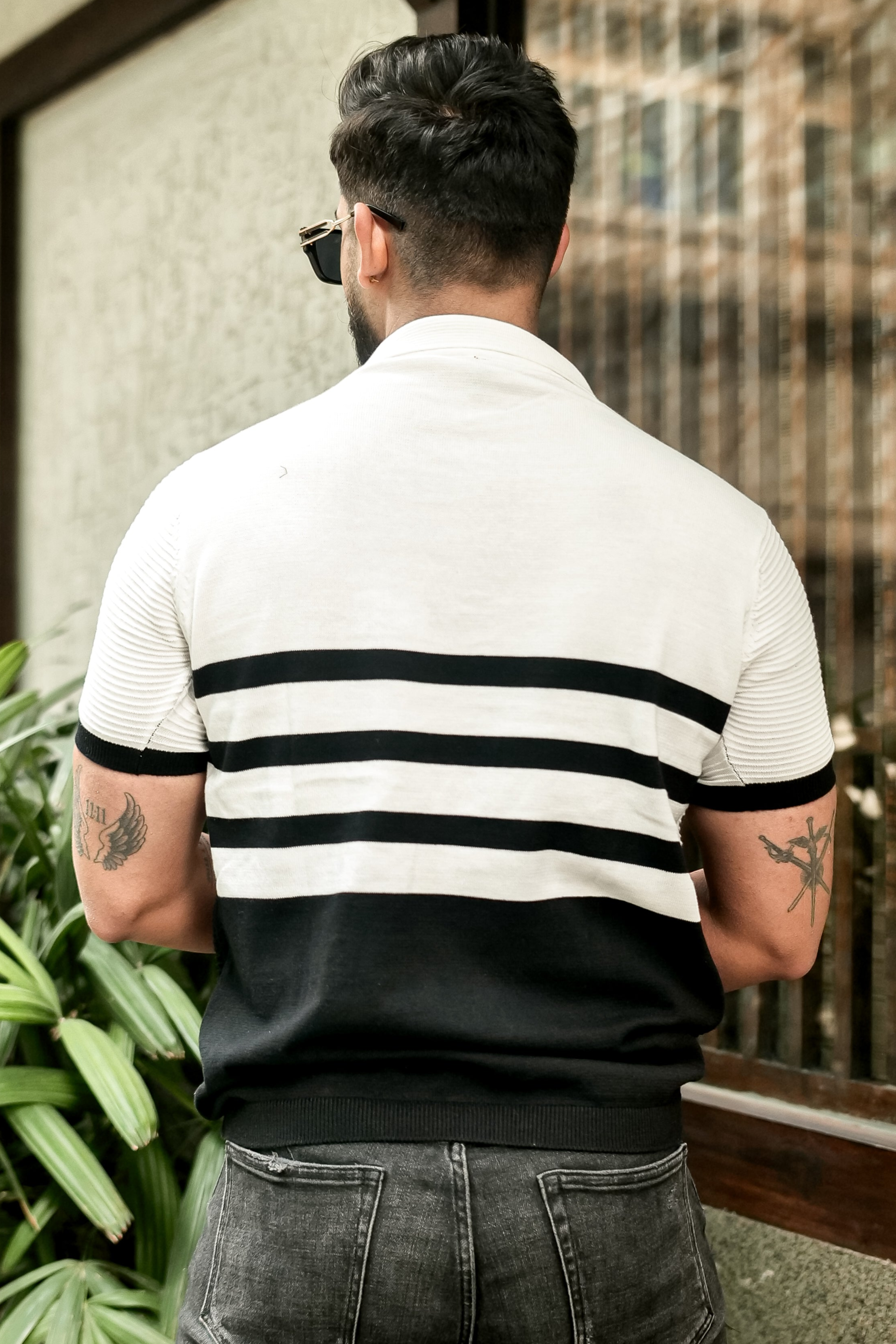 White Premium Flat Knit Stripe Polo T-Shirt