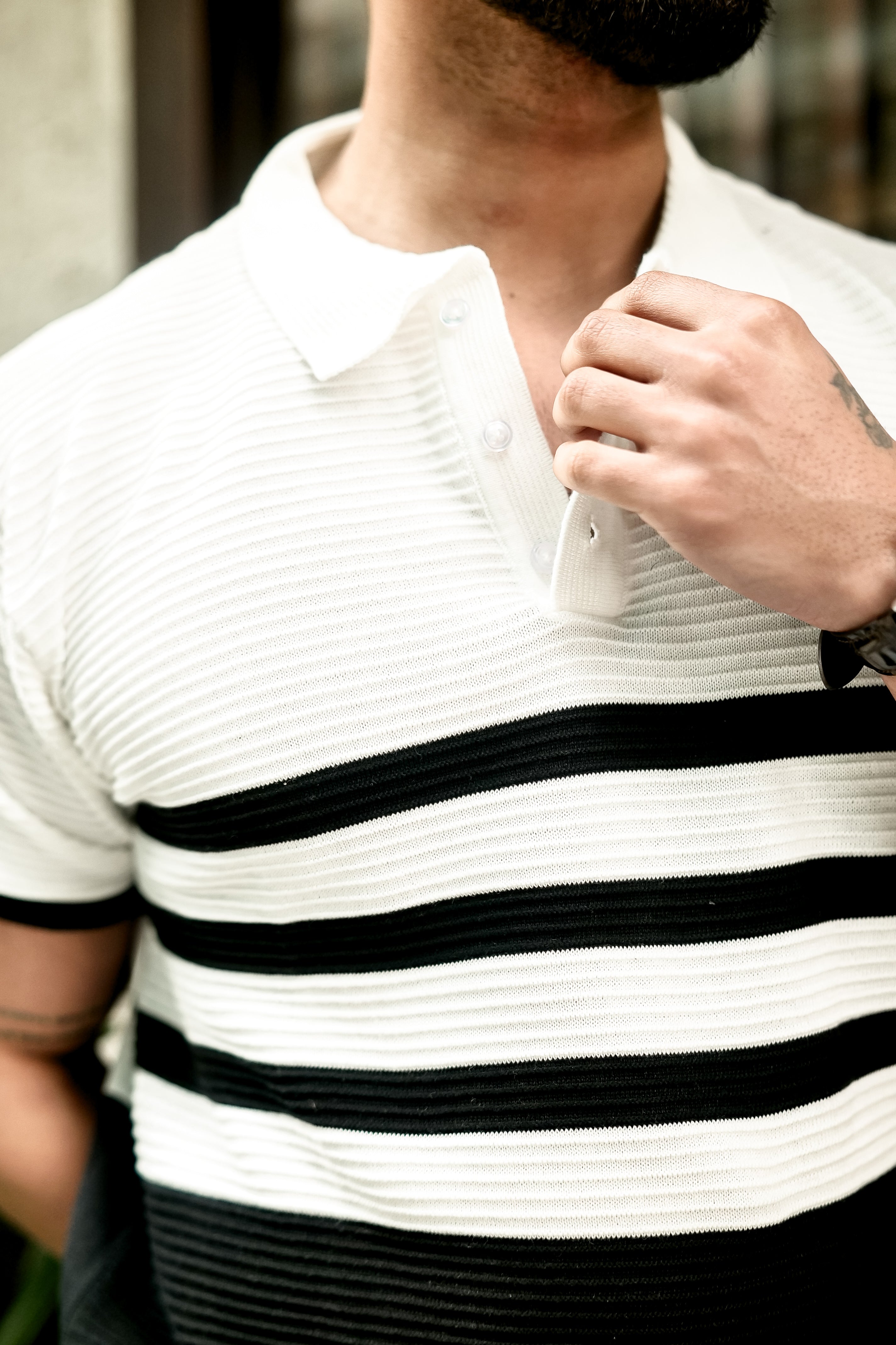 White Premium Flat Knit Stripe Polo T-Shirt