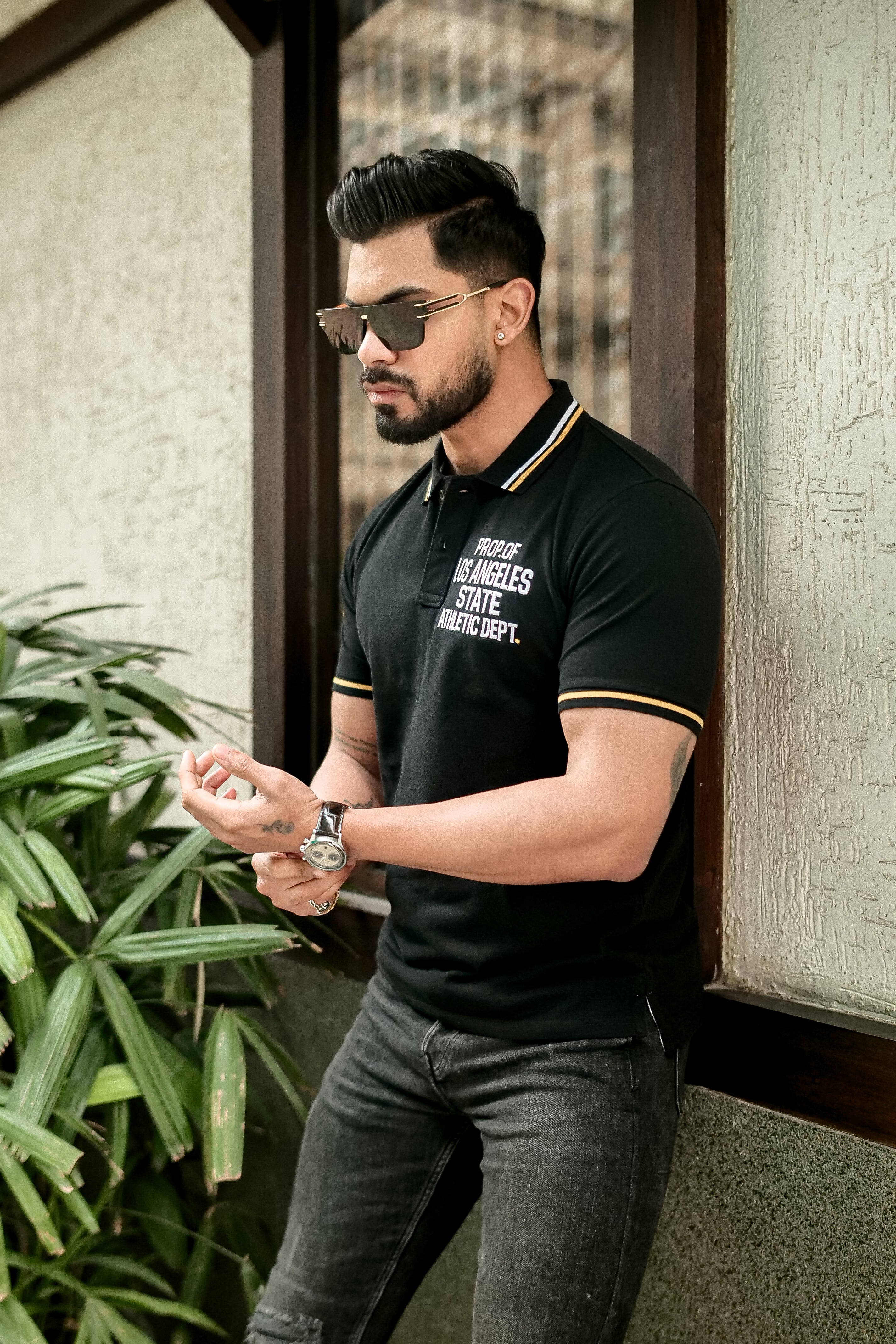 Black Ribbed Collar Embroidered Polo T-Shirt