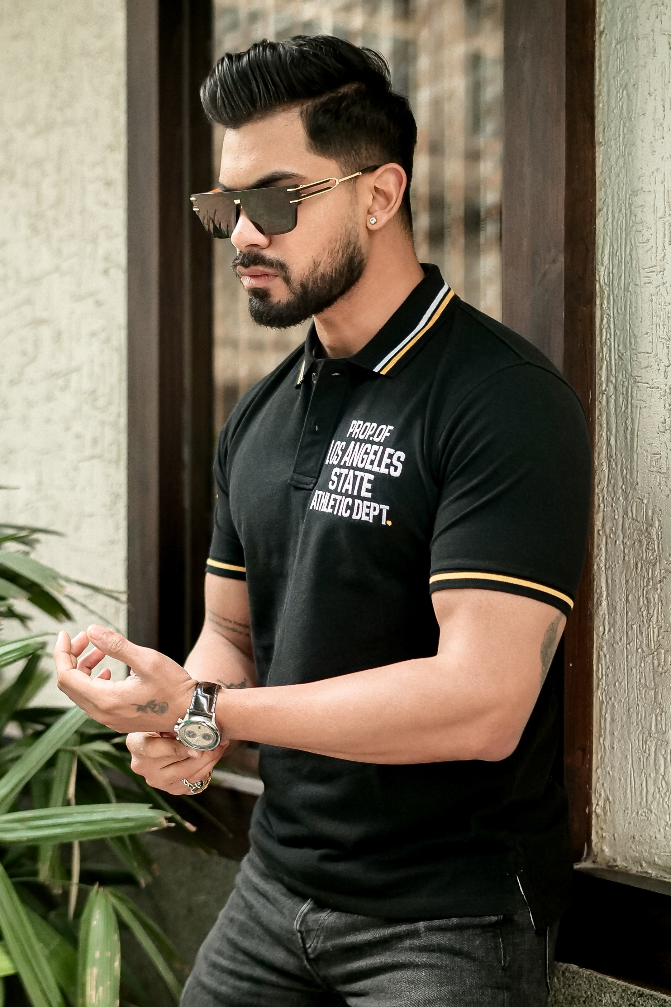 Black Ribbed Collar Embroidered Polo T-Shirt