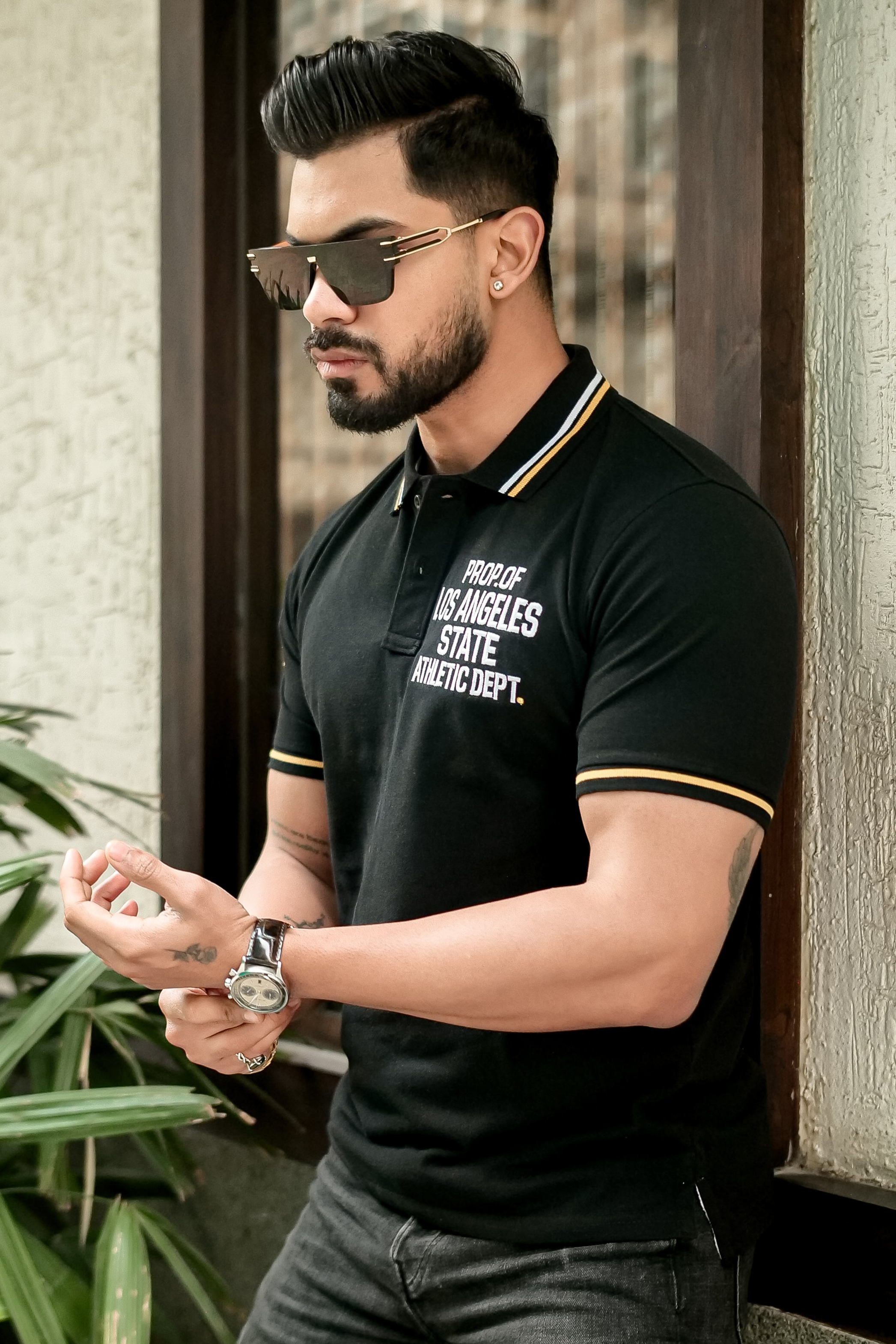 Black Ribbed Collar Embroidered Polo T-Shirt