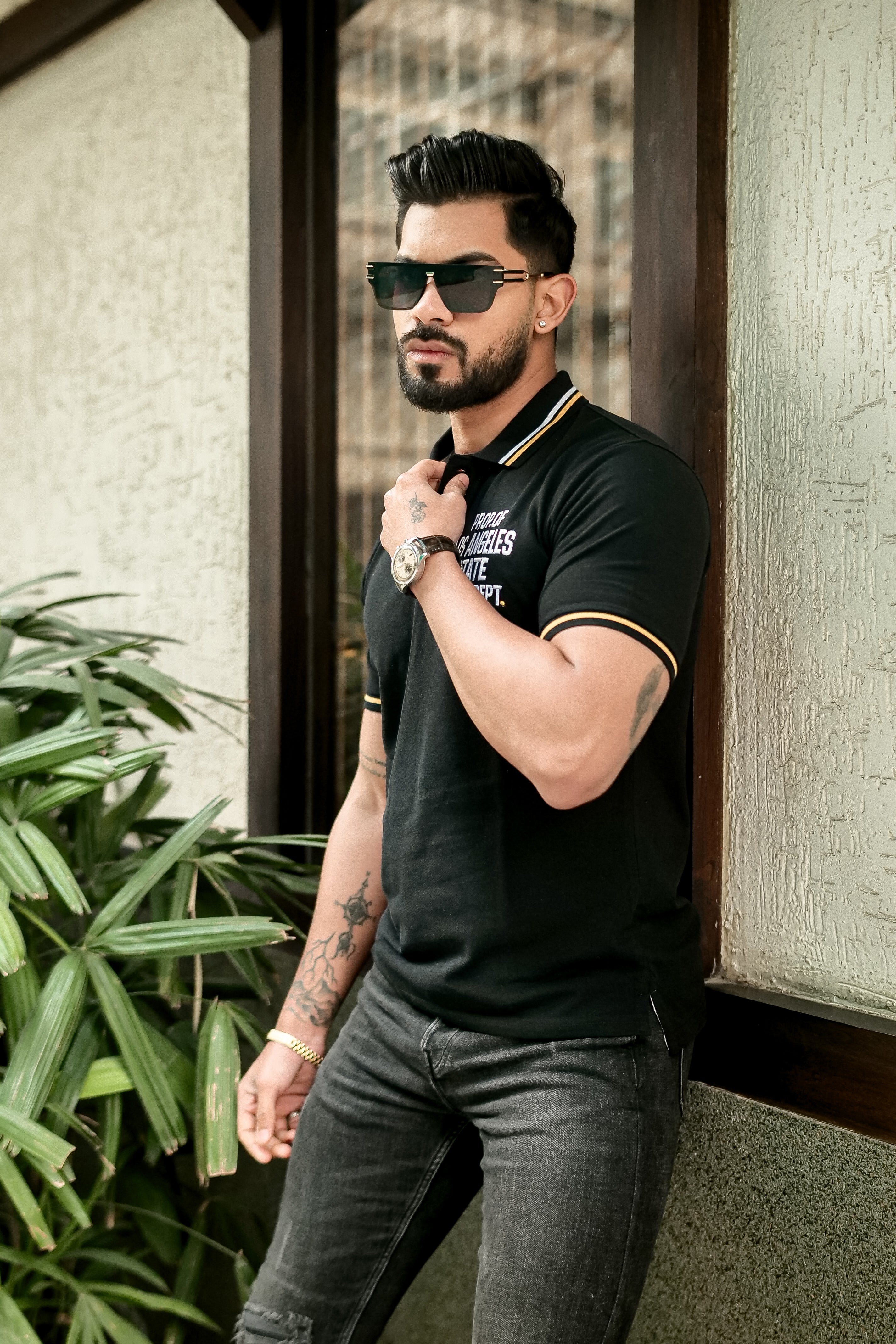 Black Ribbed Collar Embroidered Polo T-Shirt