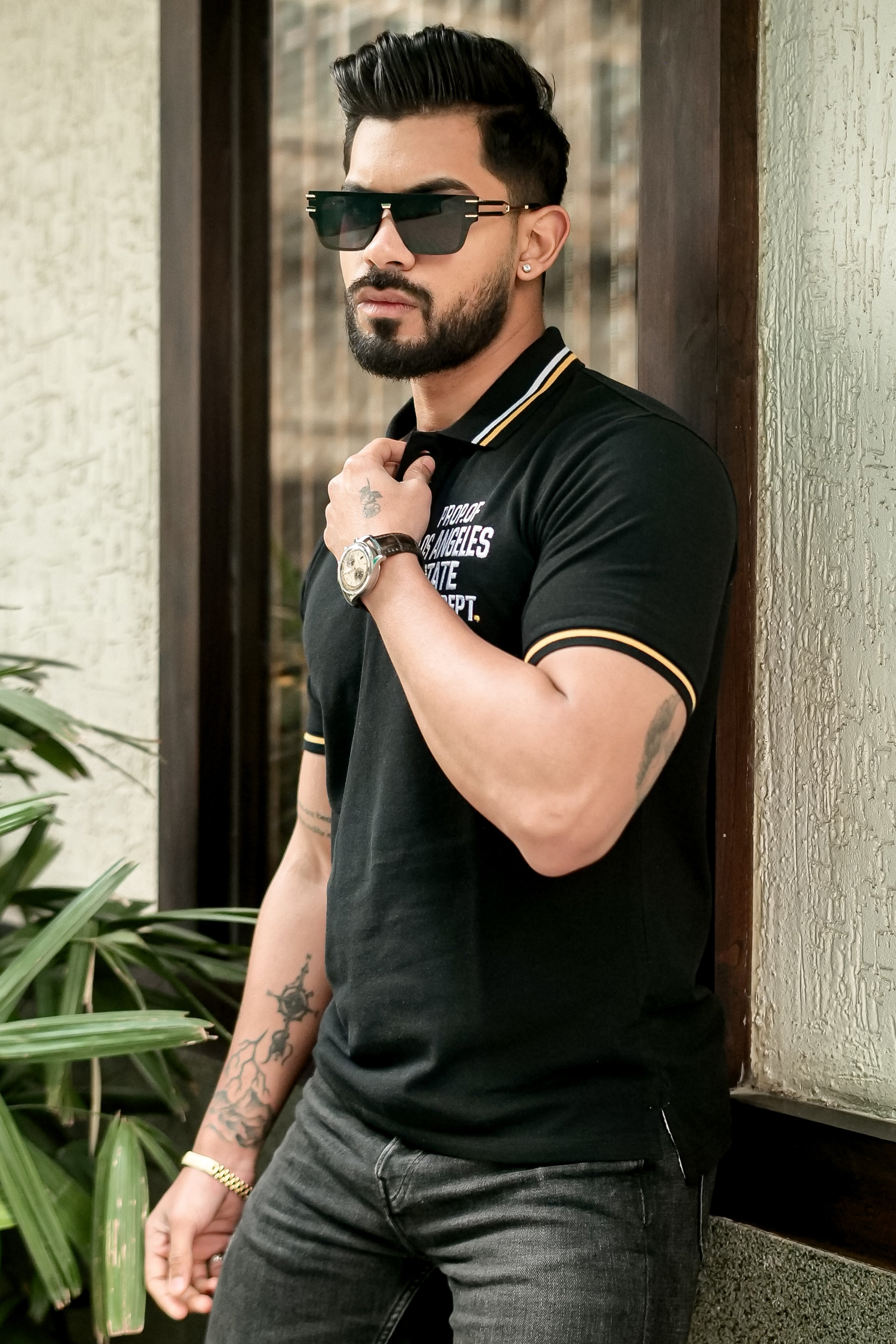 Black Ribbed Collar Embroidered Polo T-Shirt