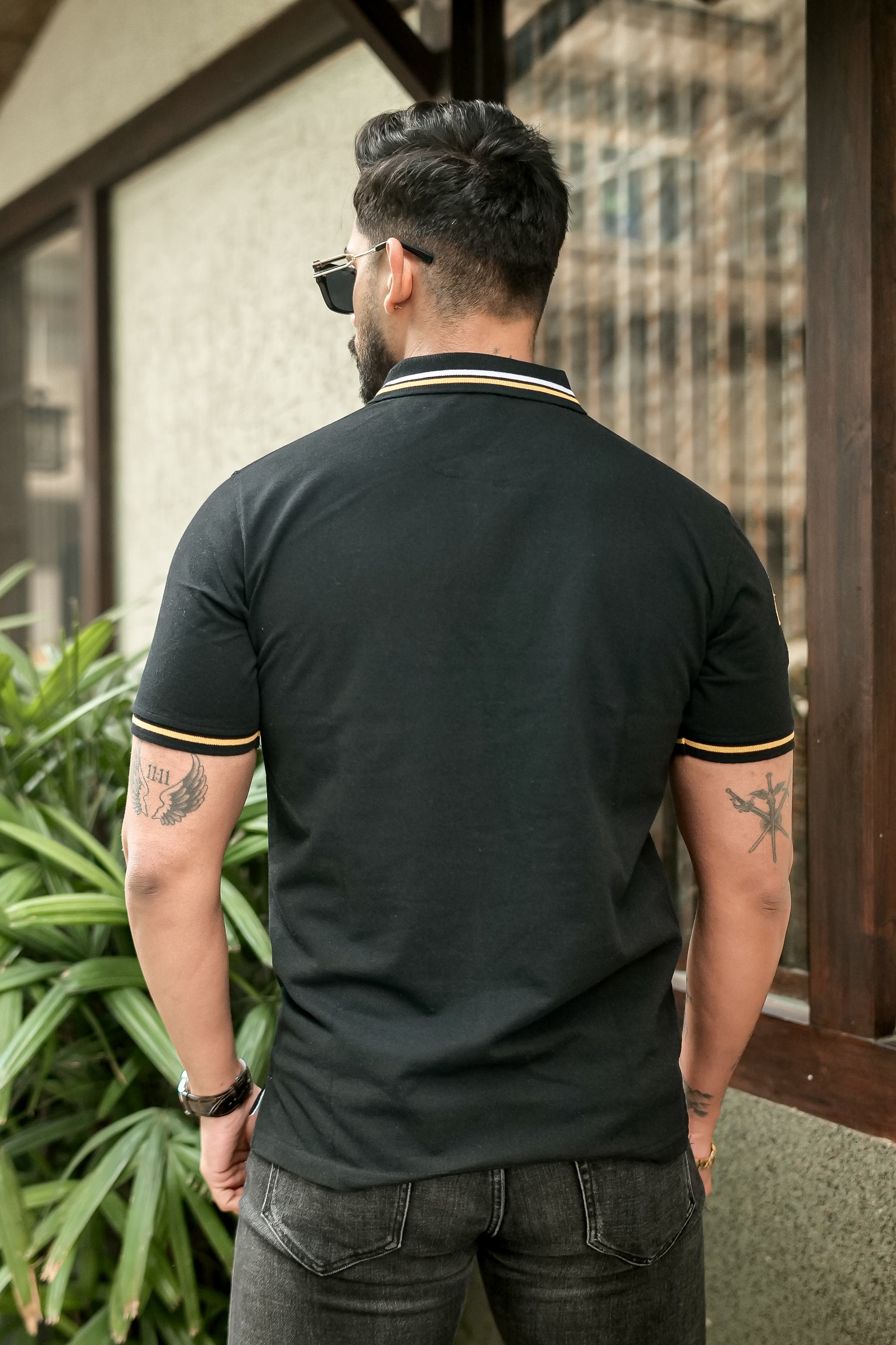 Black Ribbed Collar Embroidered Polo T-Shirt