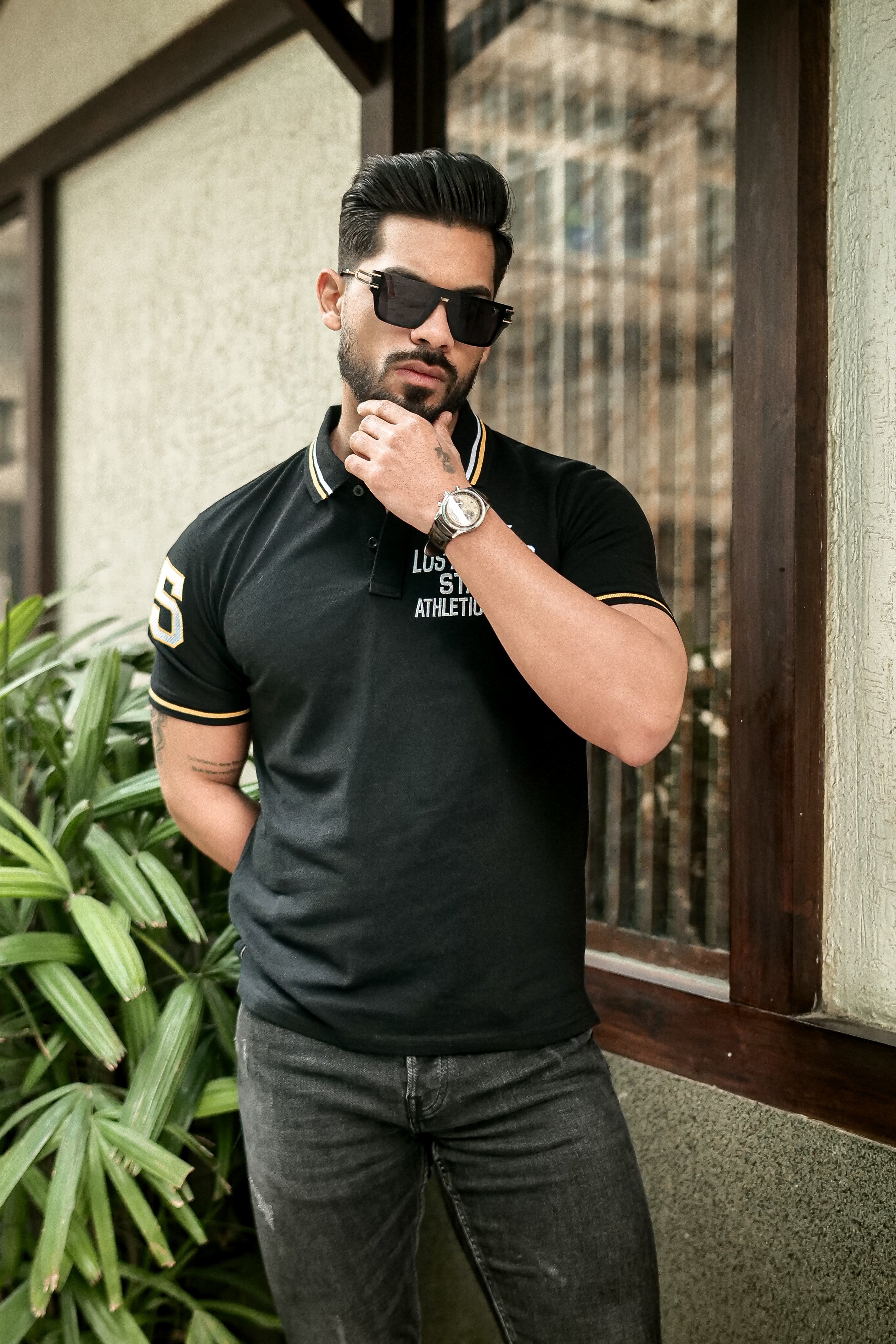 Black Ribbed Collar Embroidered Polo T-Shirt