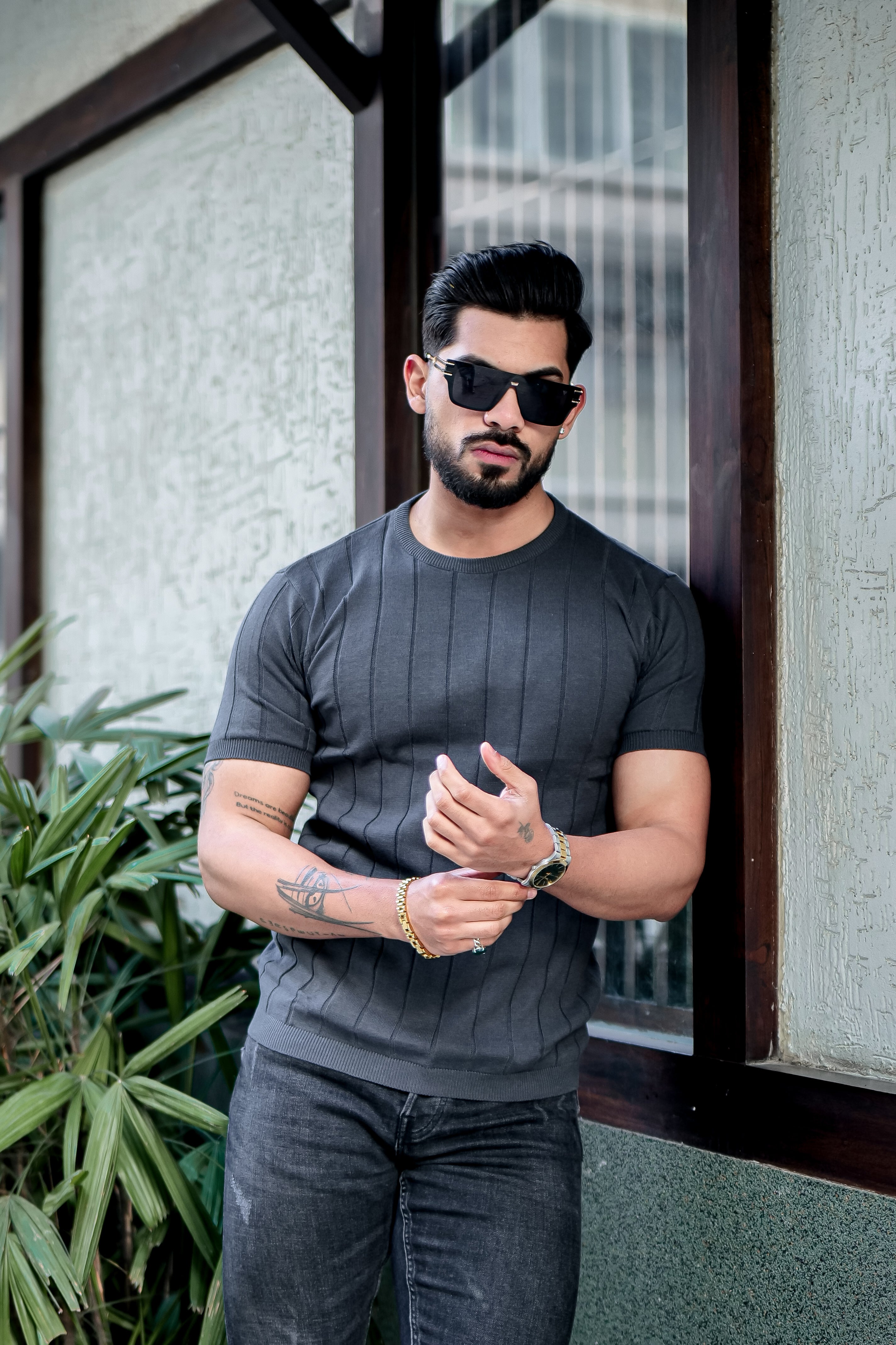 Dark Grey Premium Flat Knit Round Neck T-shirt