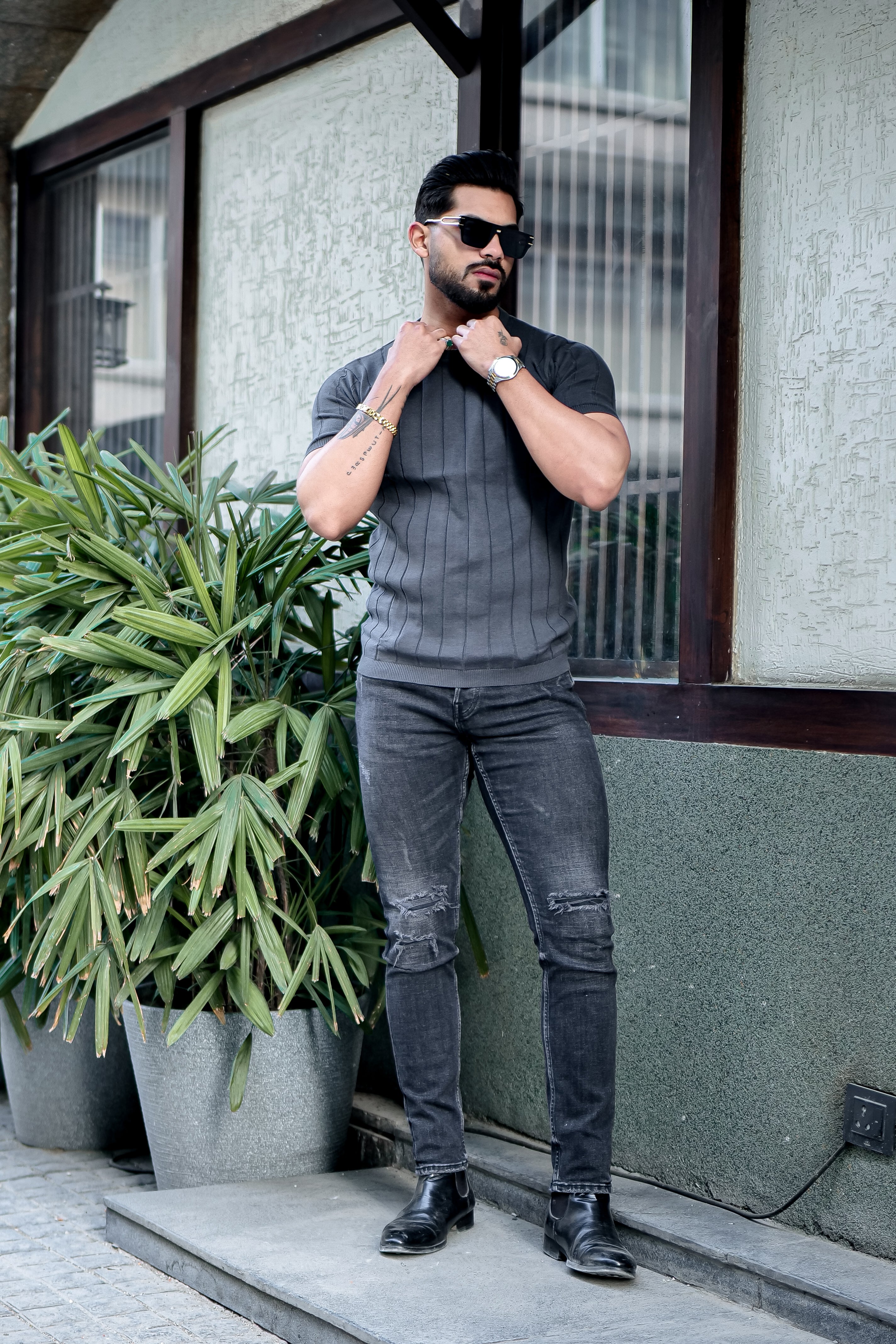 Dark Grey Premium Flat Knit Round Neck T-shirt