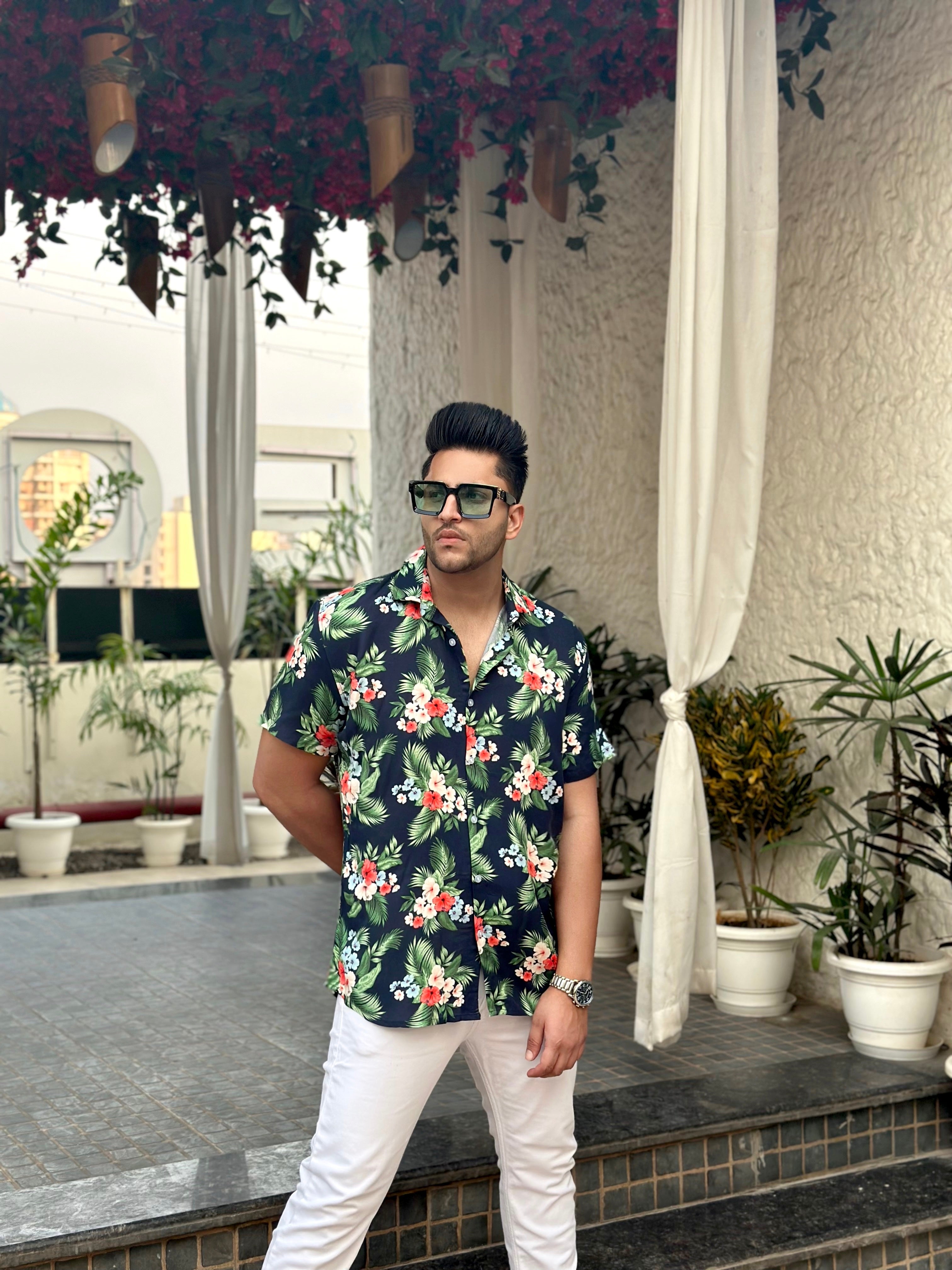 Navy Blue and Green Floral Printed Shirt