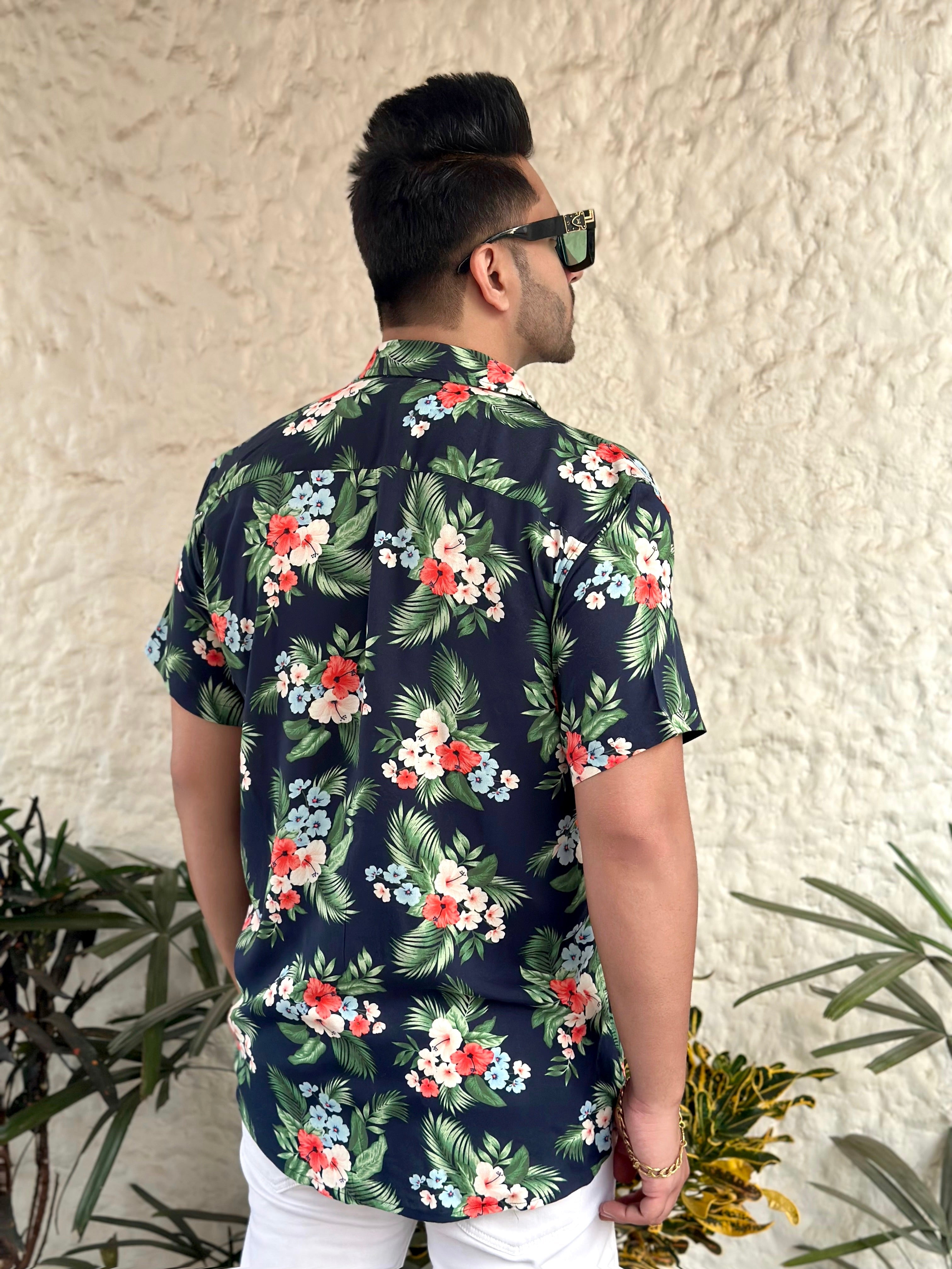 Navy Blue and Green Floral Printed Shirt