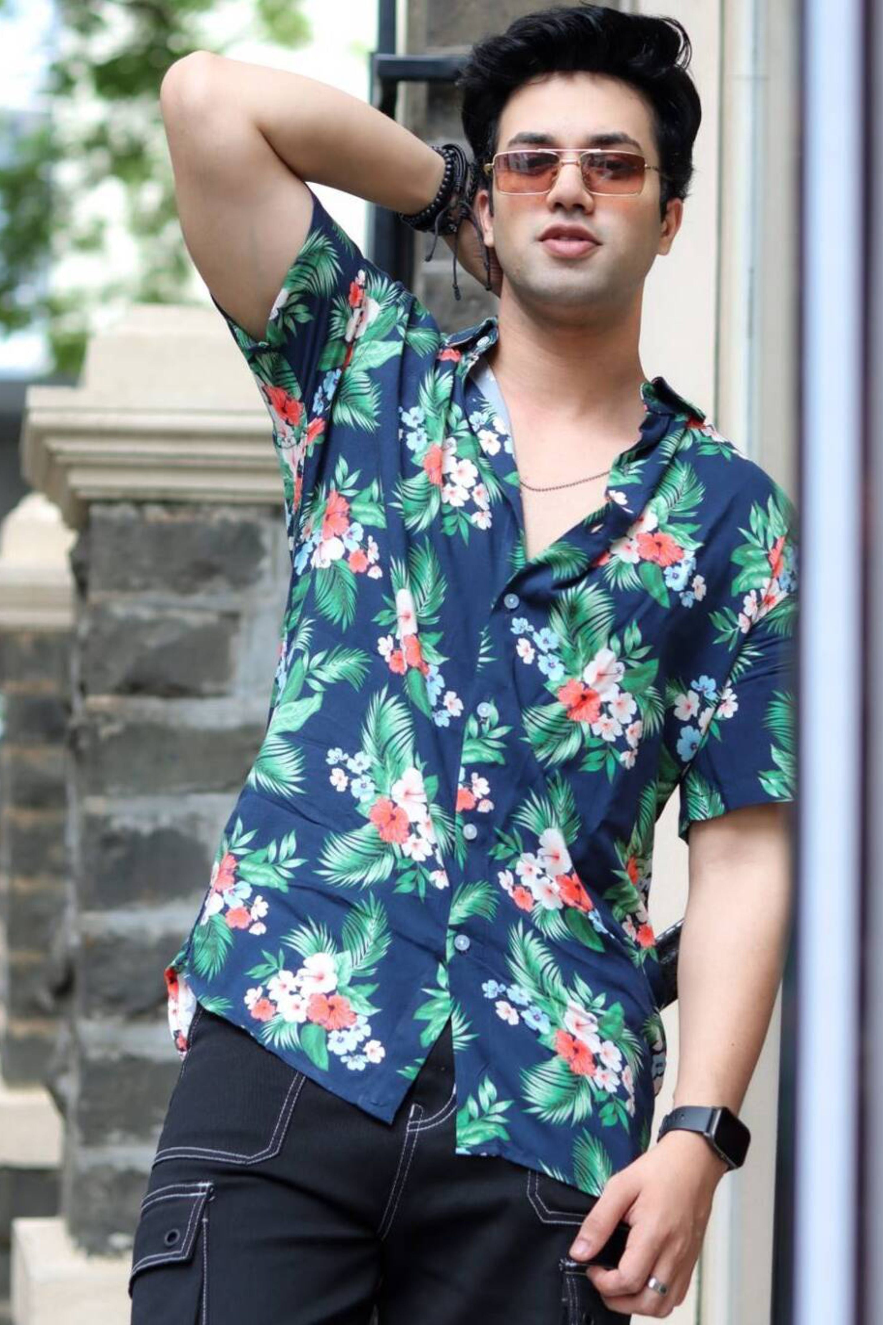 Navy Blue and Green Floral Printed Shirt