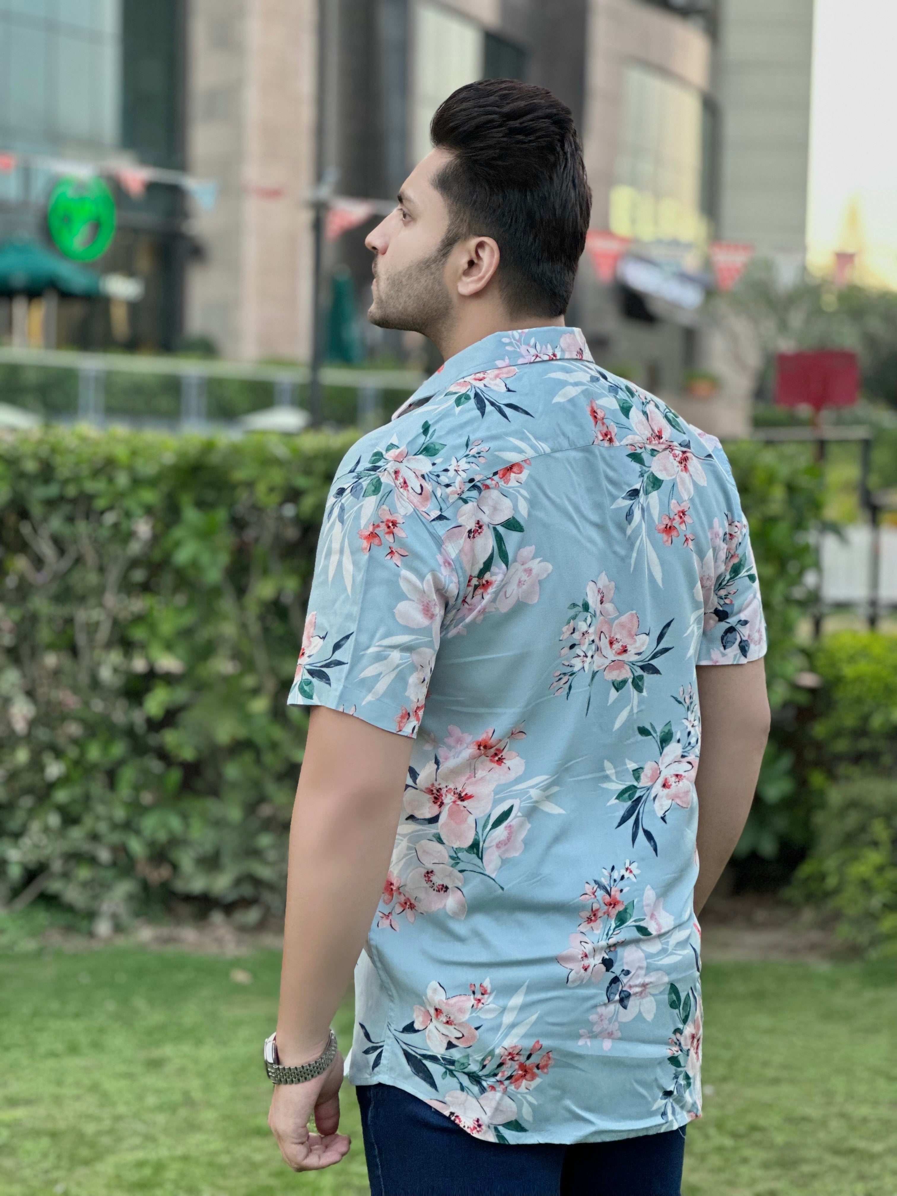 Floral Sea Blue Printed Shirt