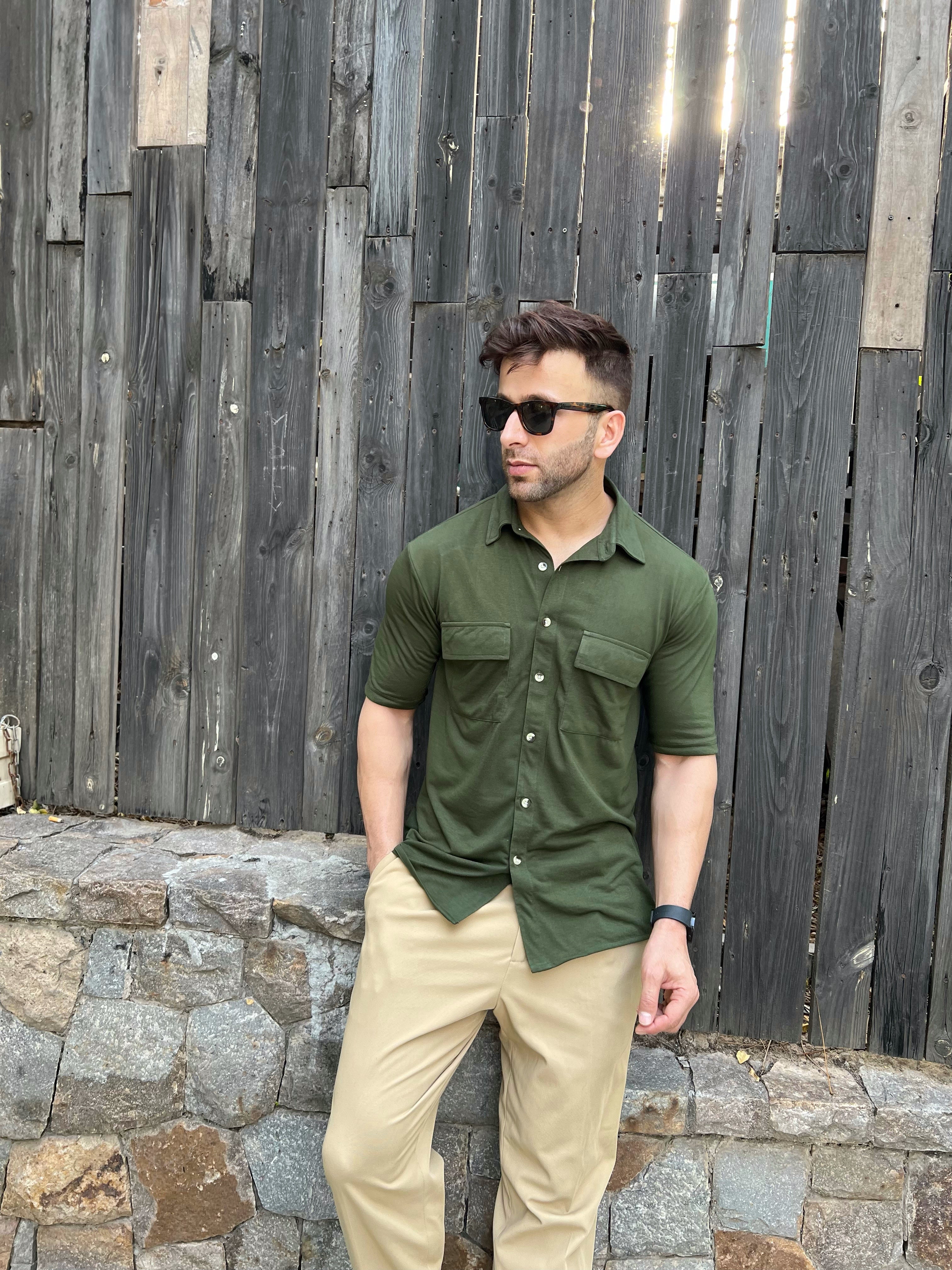 Olive Oversized Double Pocket Knitted Shirt