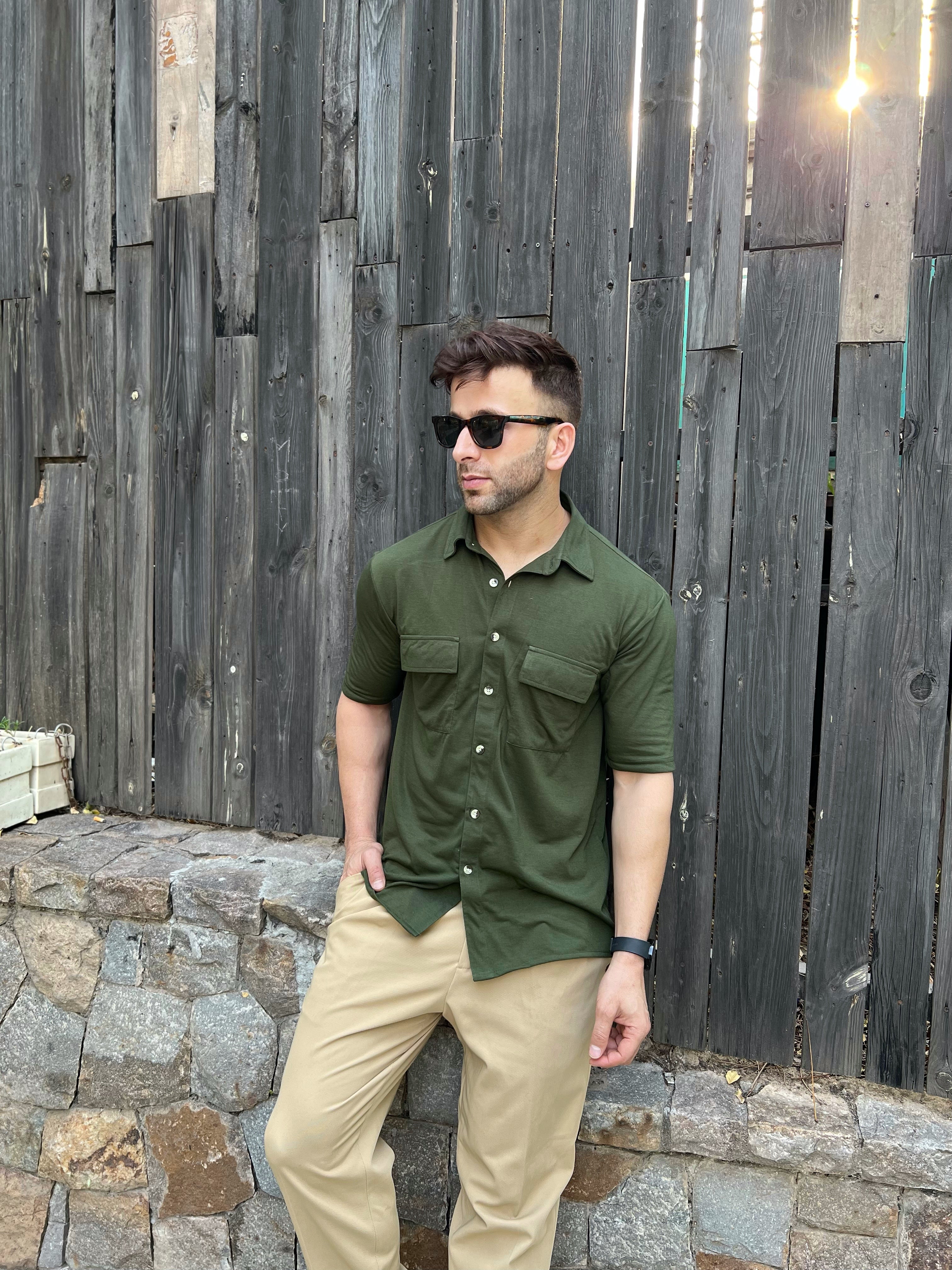 Olive Oversized Double Pocket Knitted Shirt