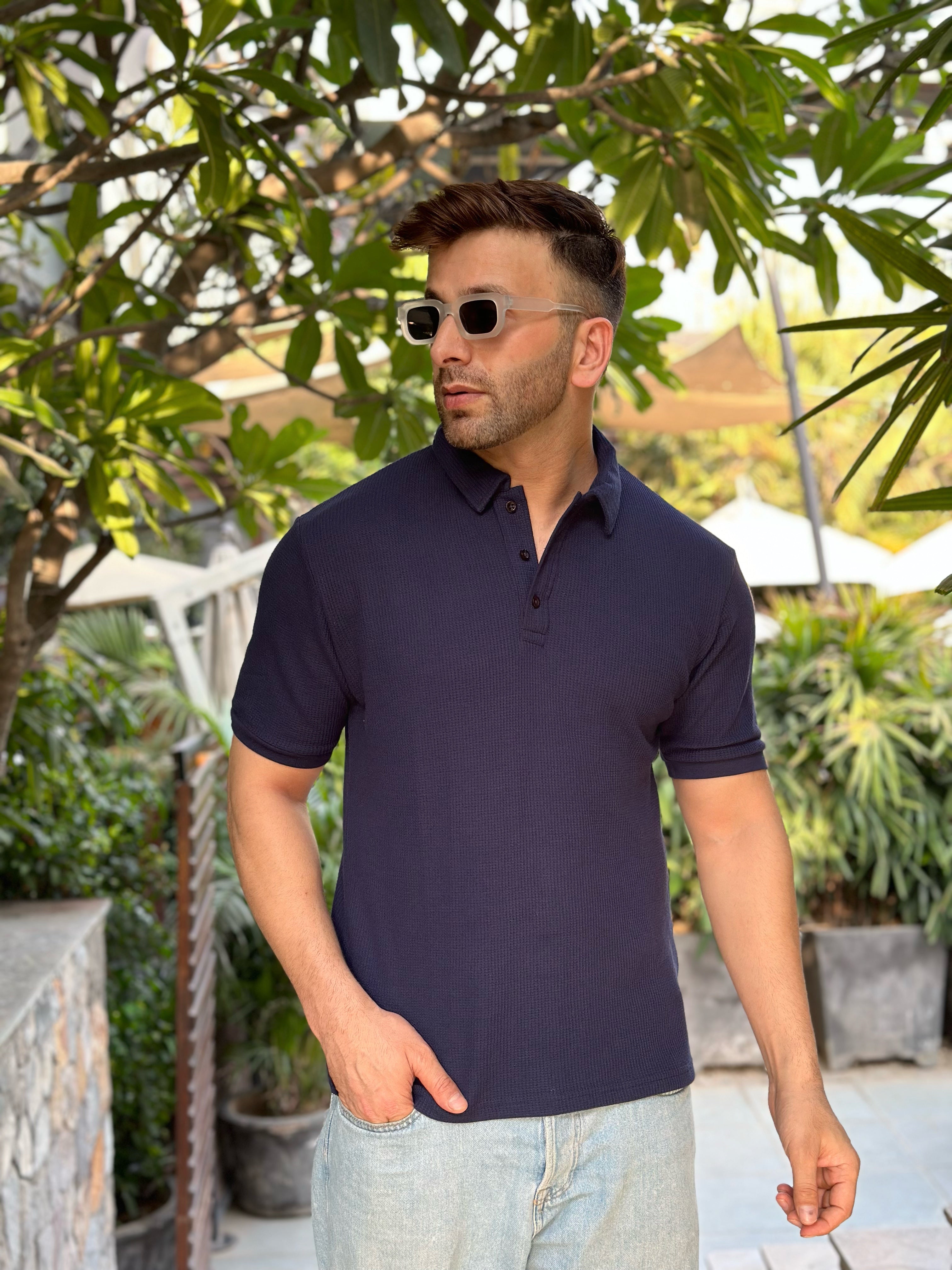 Navy Waffle Knit Polo T-Shirt