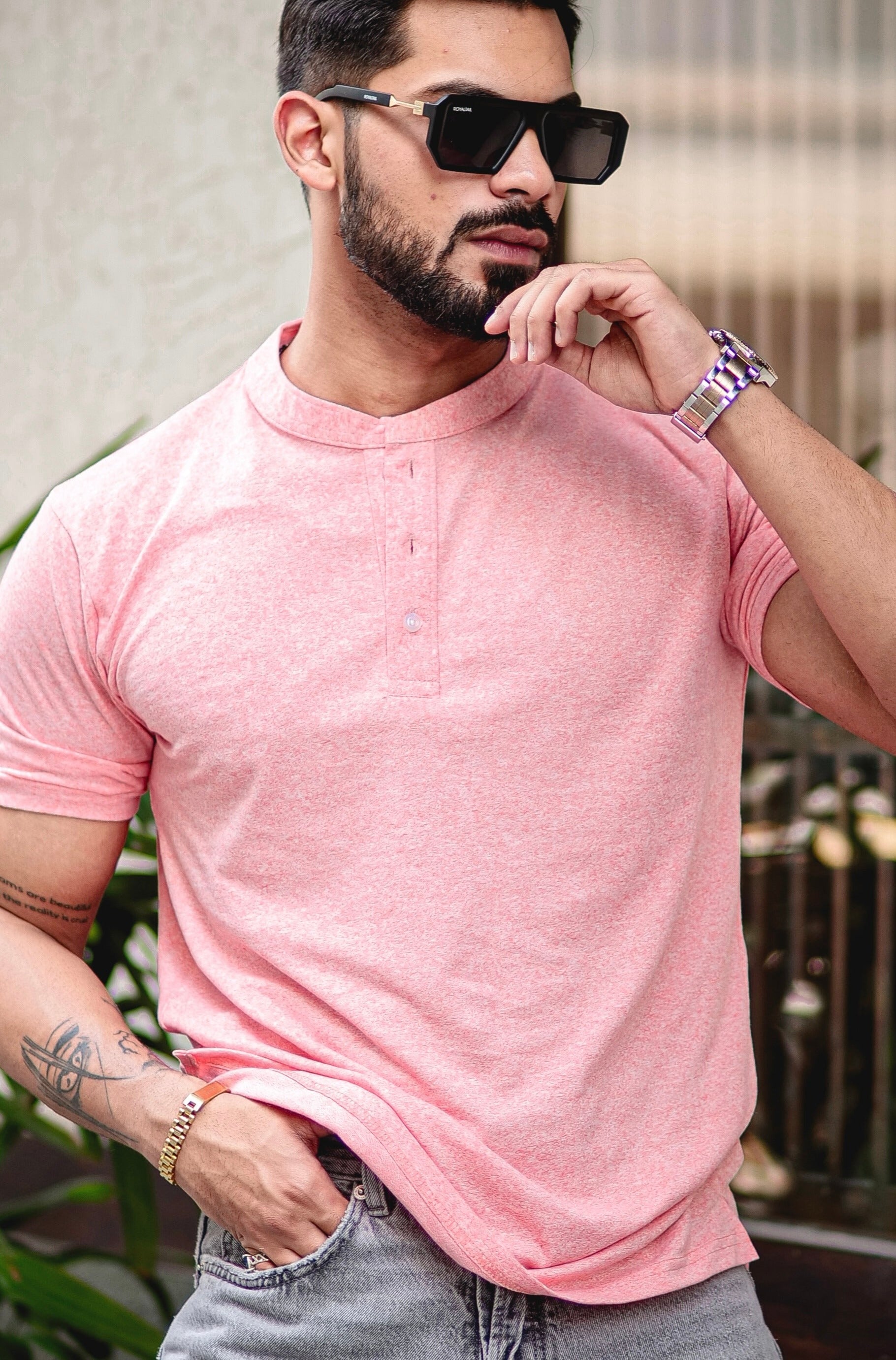 Pink Self Design Henley T-Shirt