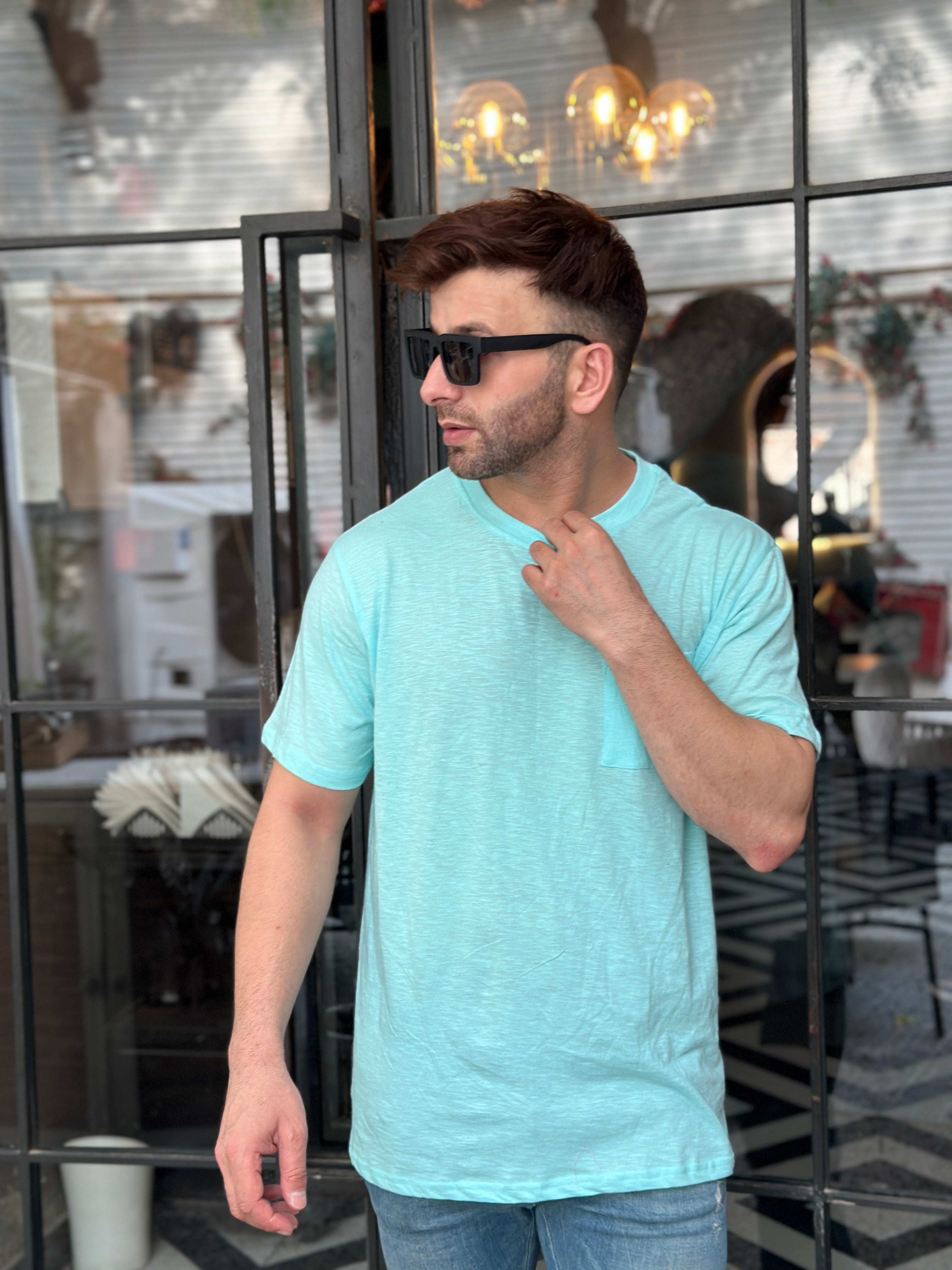 Sky Blue Cotton Slub Pocket T-Shirt