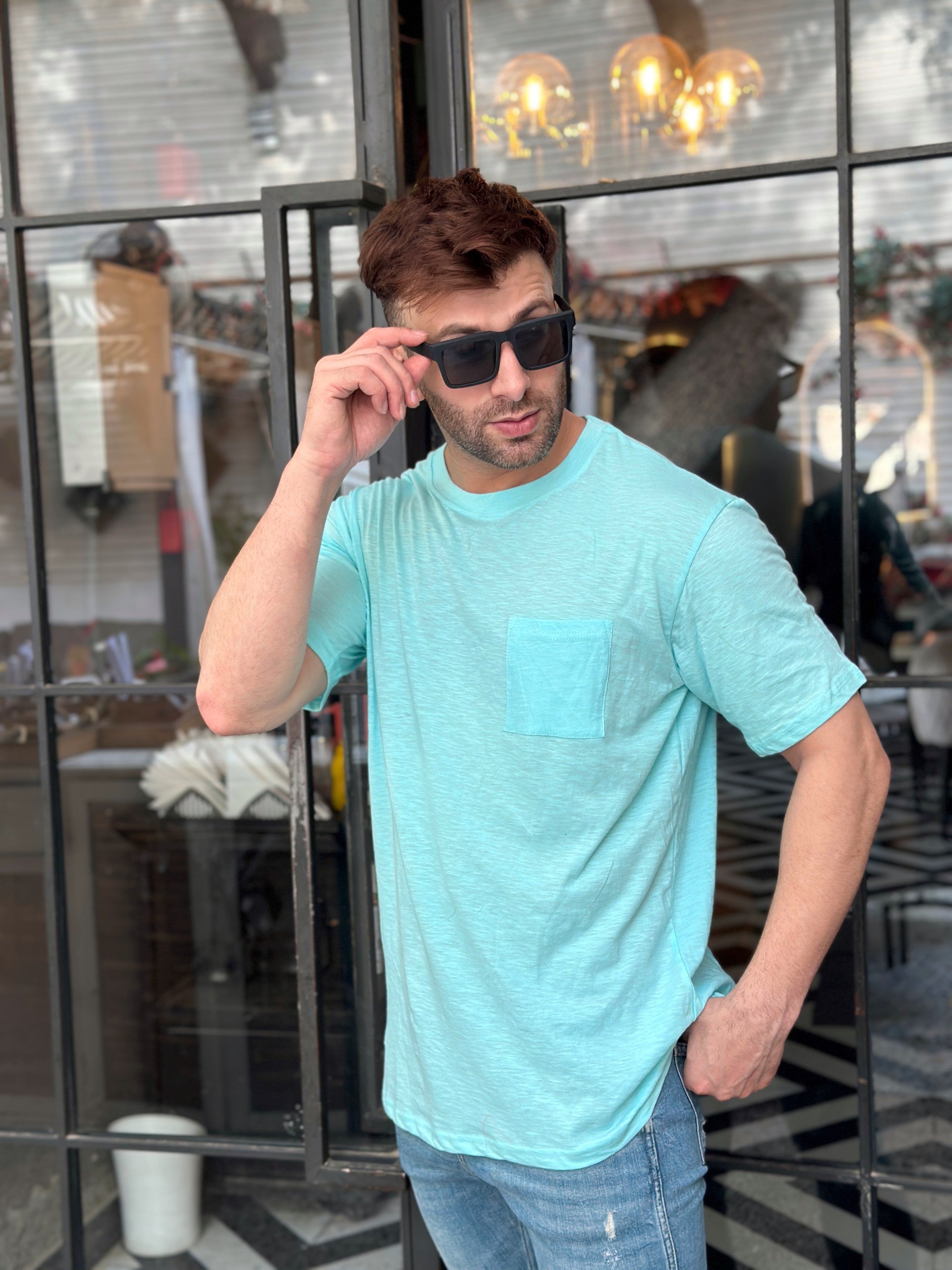 Sky Blue Cotton Slub Pocket T-Shirt