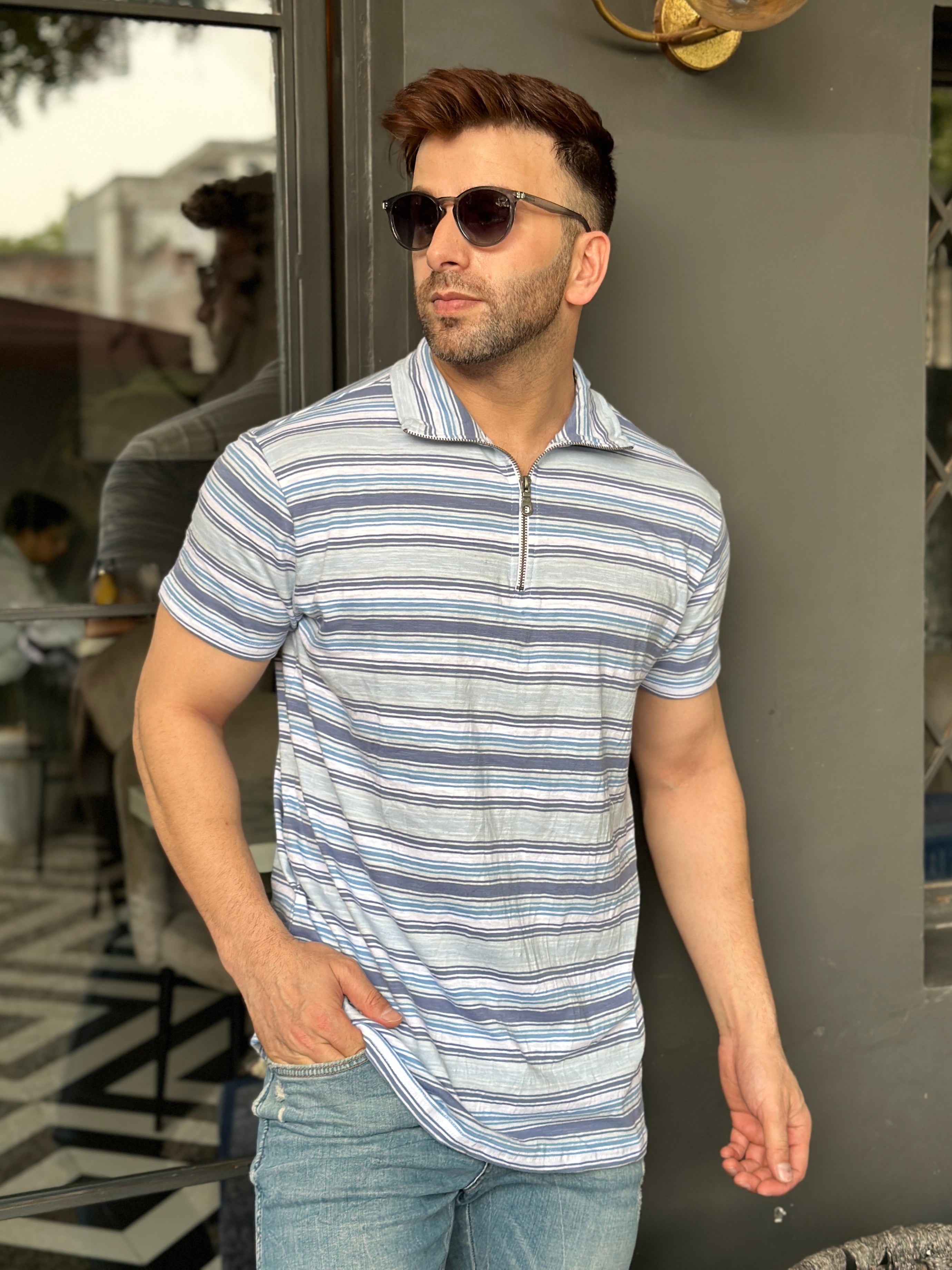 Navy White Stripe Zipper T-Shirt