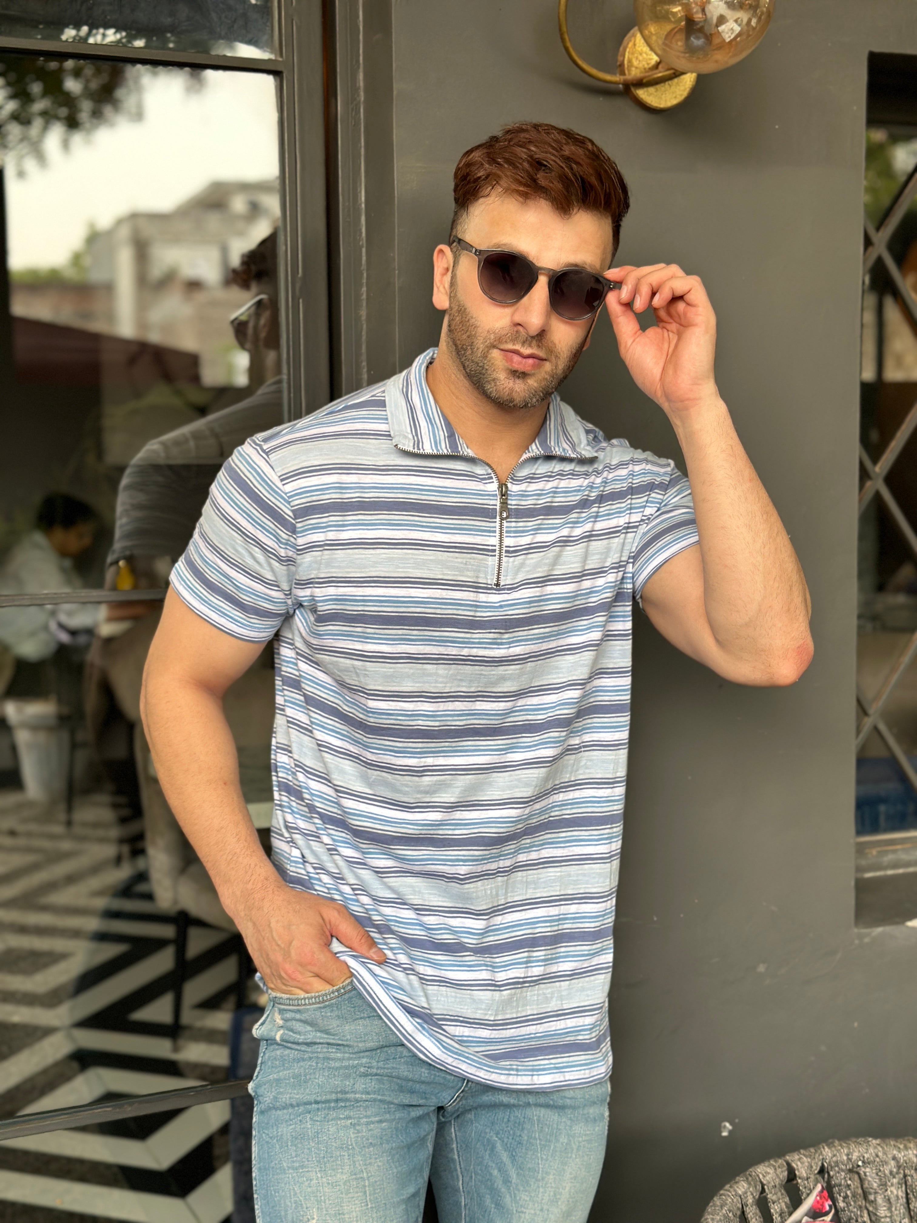 Navy White Stripe Zipper T-Shirt