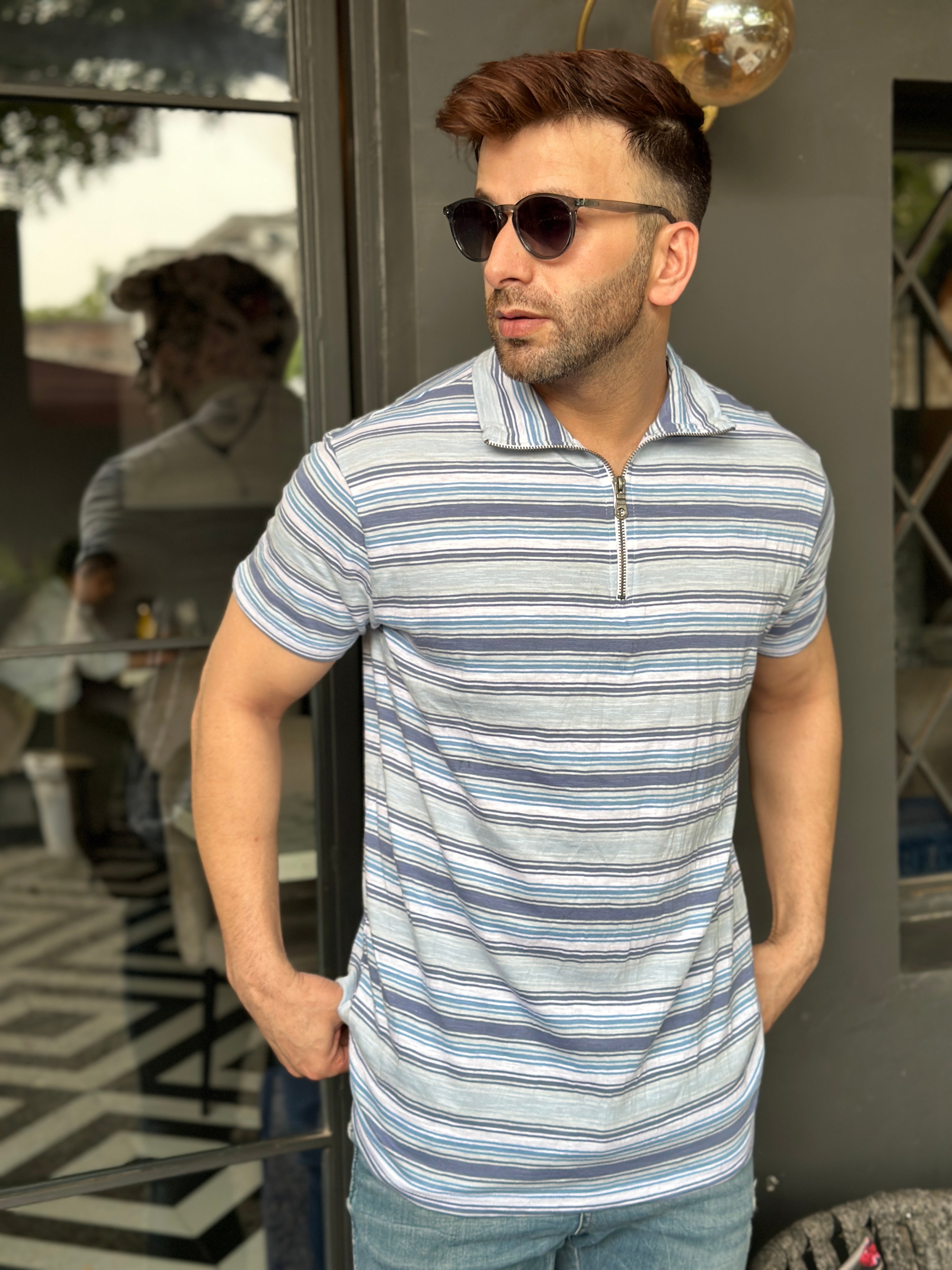 Navy White Stripe Zipper T-Shirt