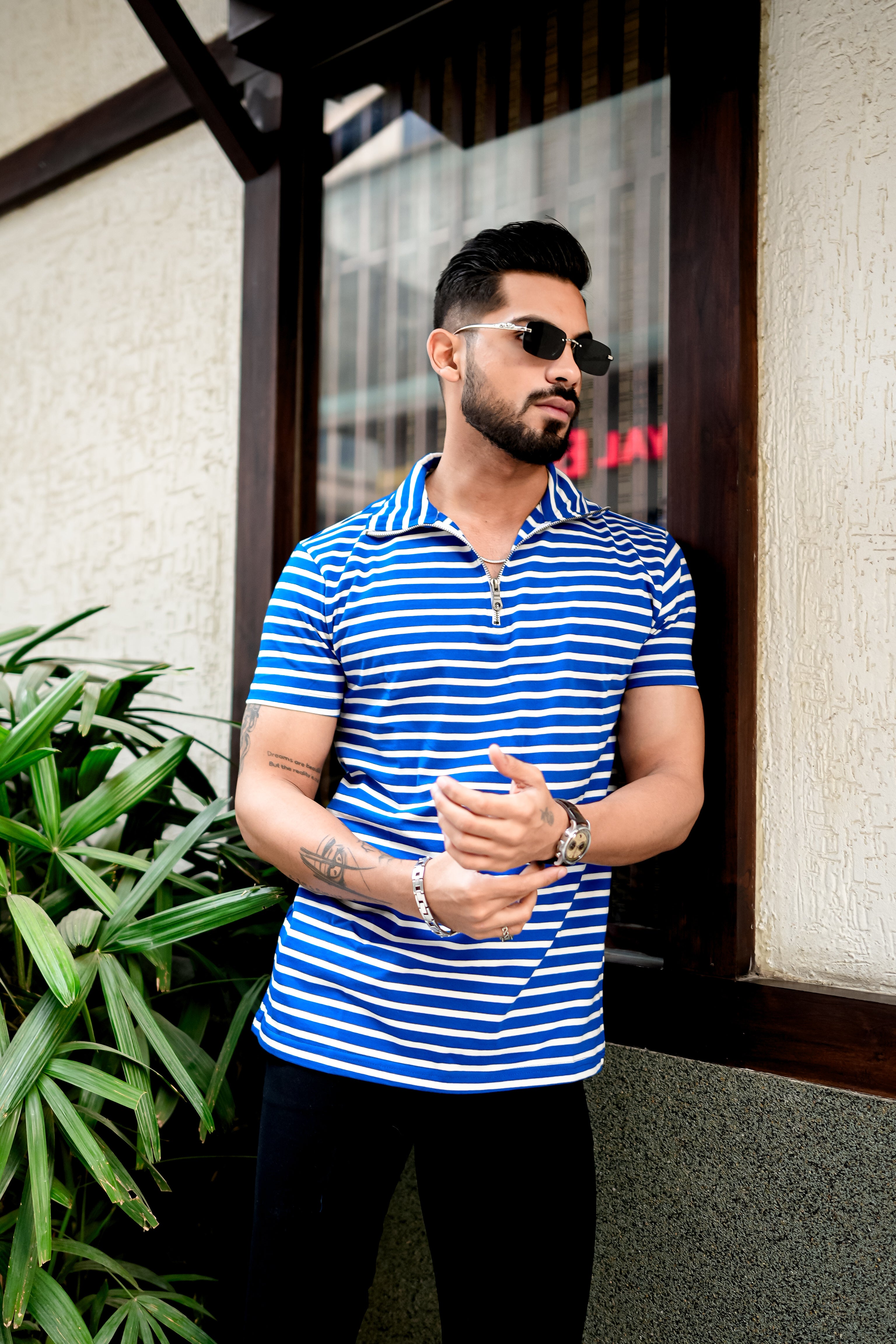 Blue Stripe Zipper Closure Cotton T-Shirt