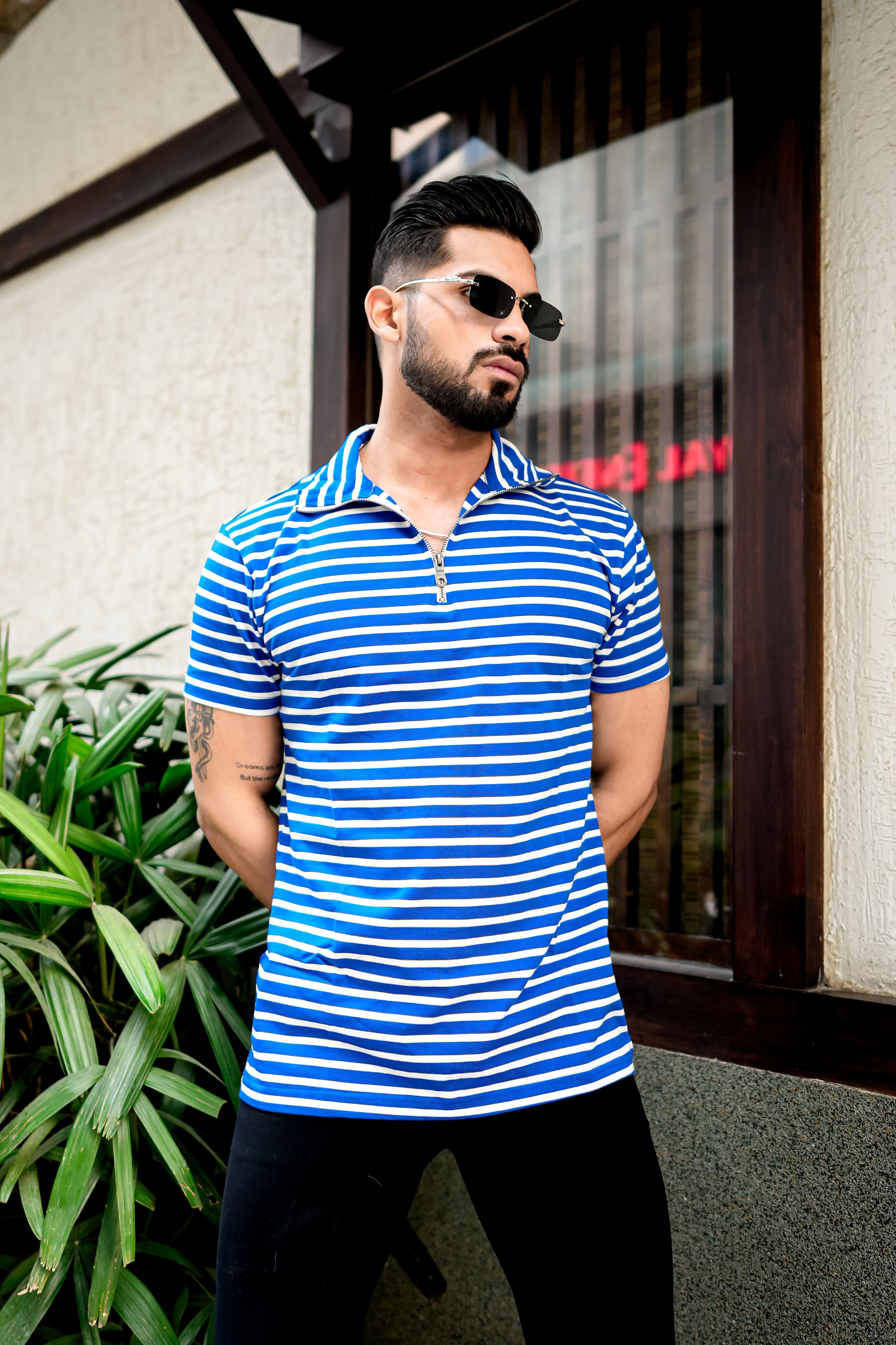 Blue Stripe Zipper Closure Cotton T-Shirt