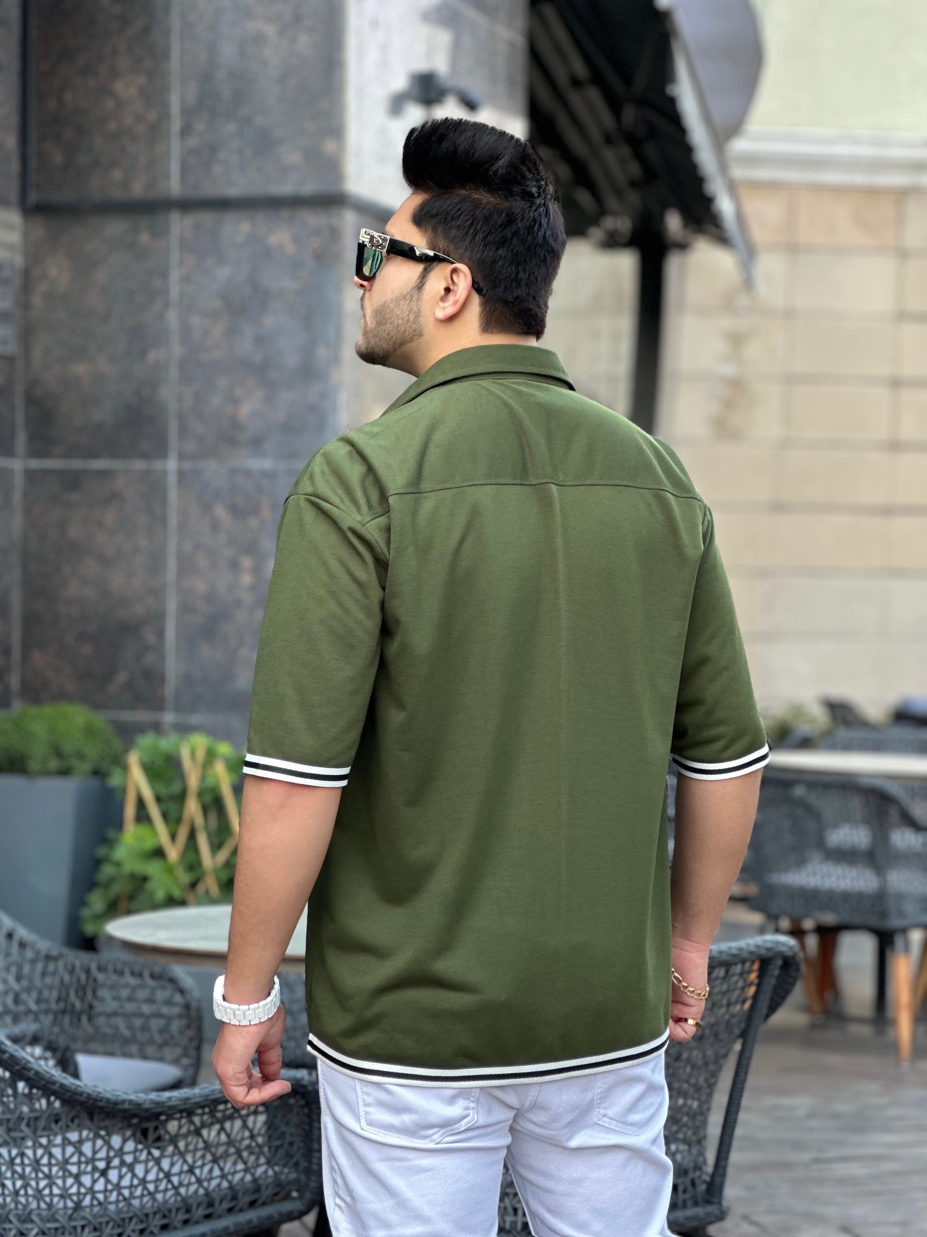 Olive Green Oversized Tapered Knitted Shirt