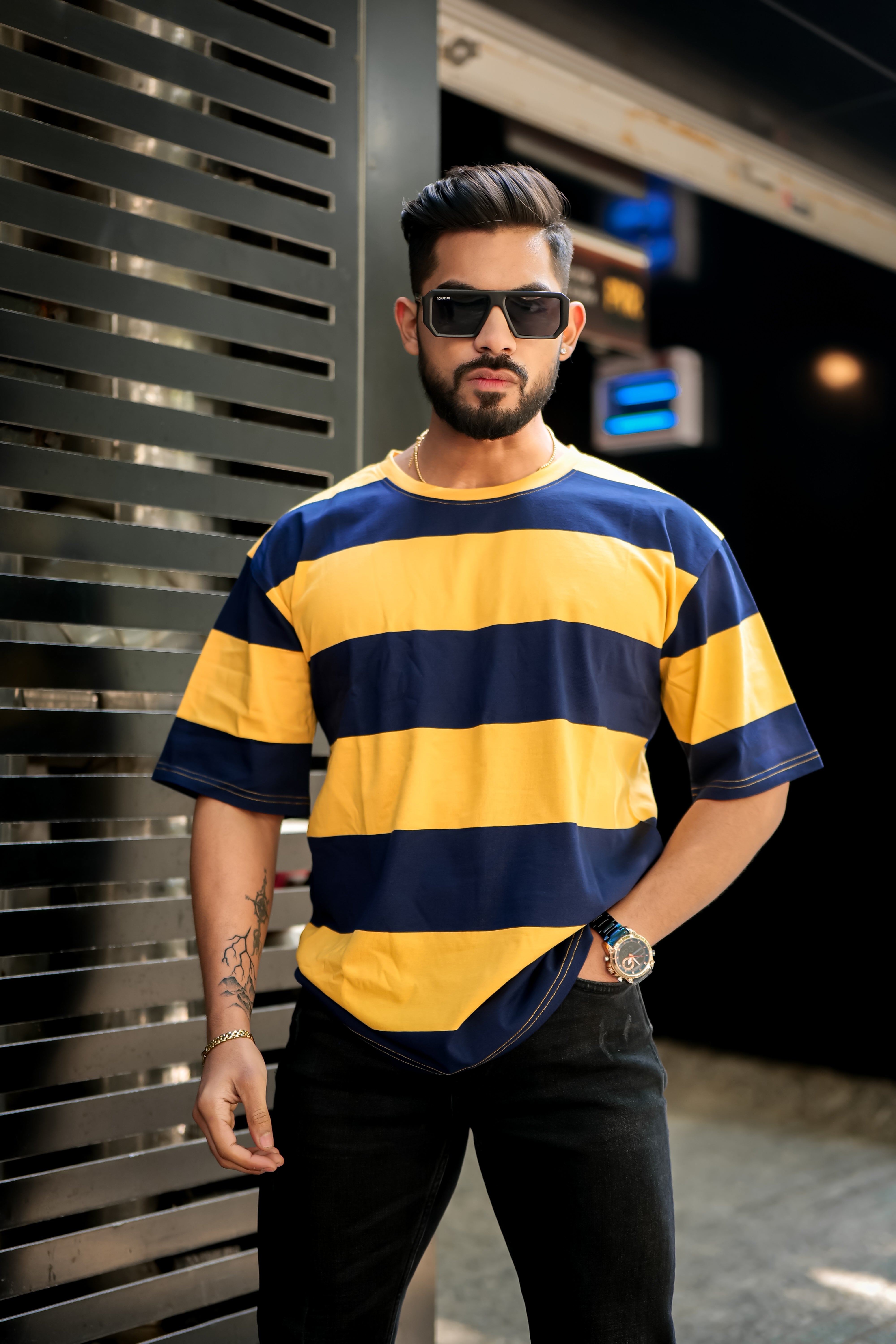 Yellow Navy Oversized Color Block T-Shirt