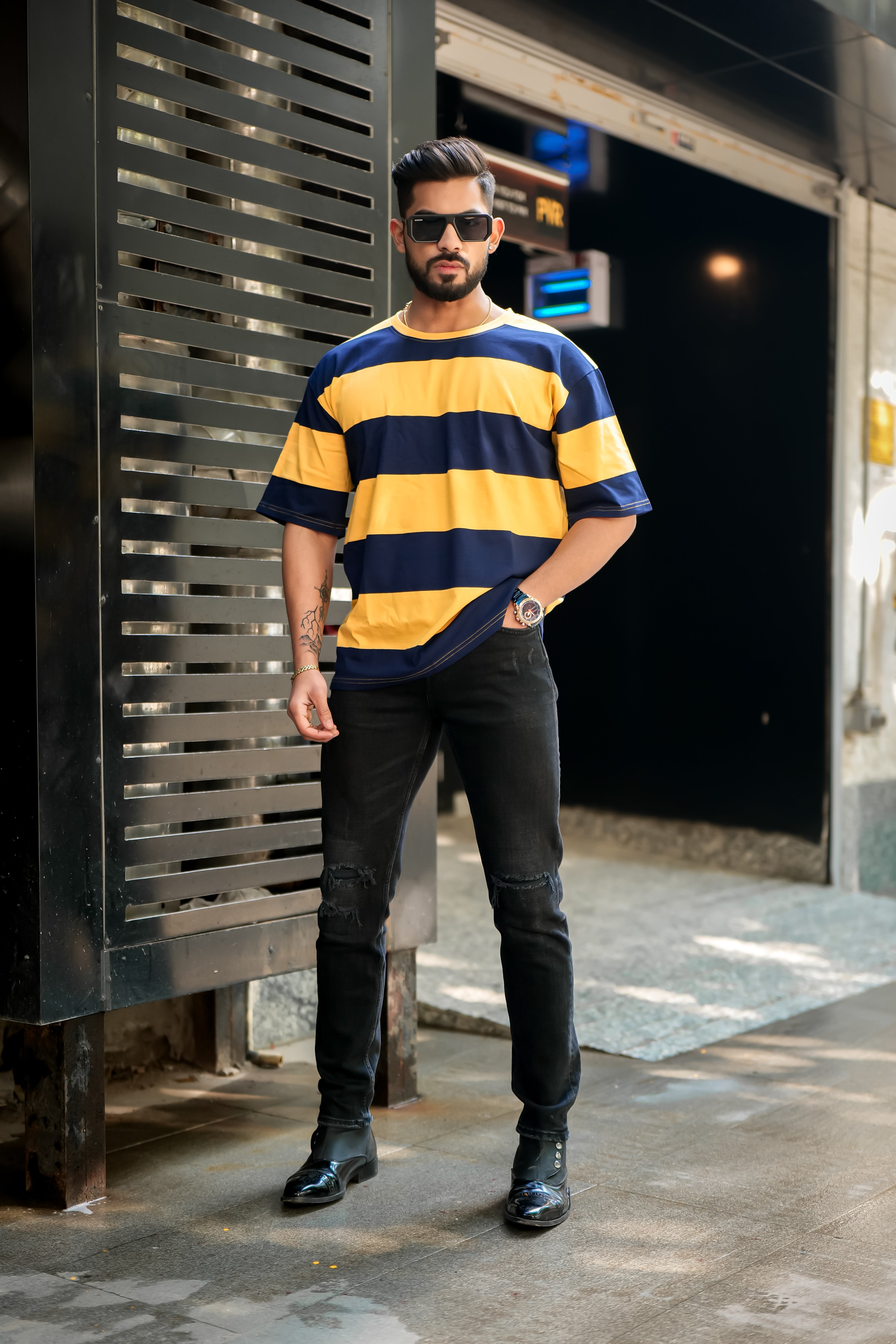 Yellow Navy Oversized Color Block T-Shirt