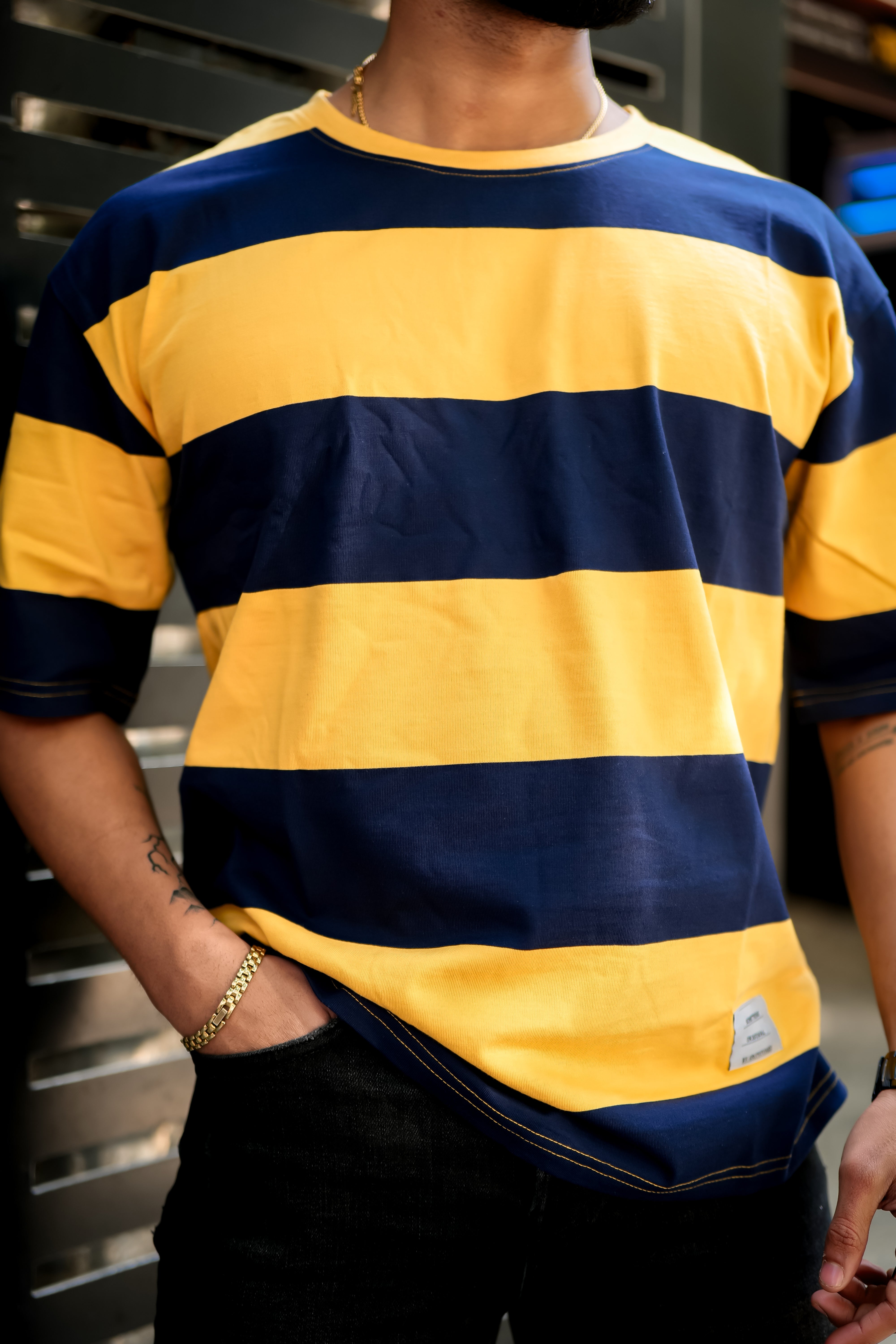 Yellow Navy Oversized Color Block T-Shirt