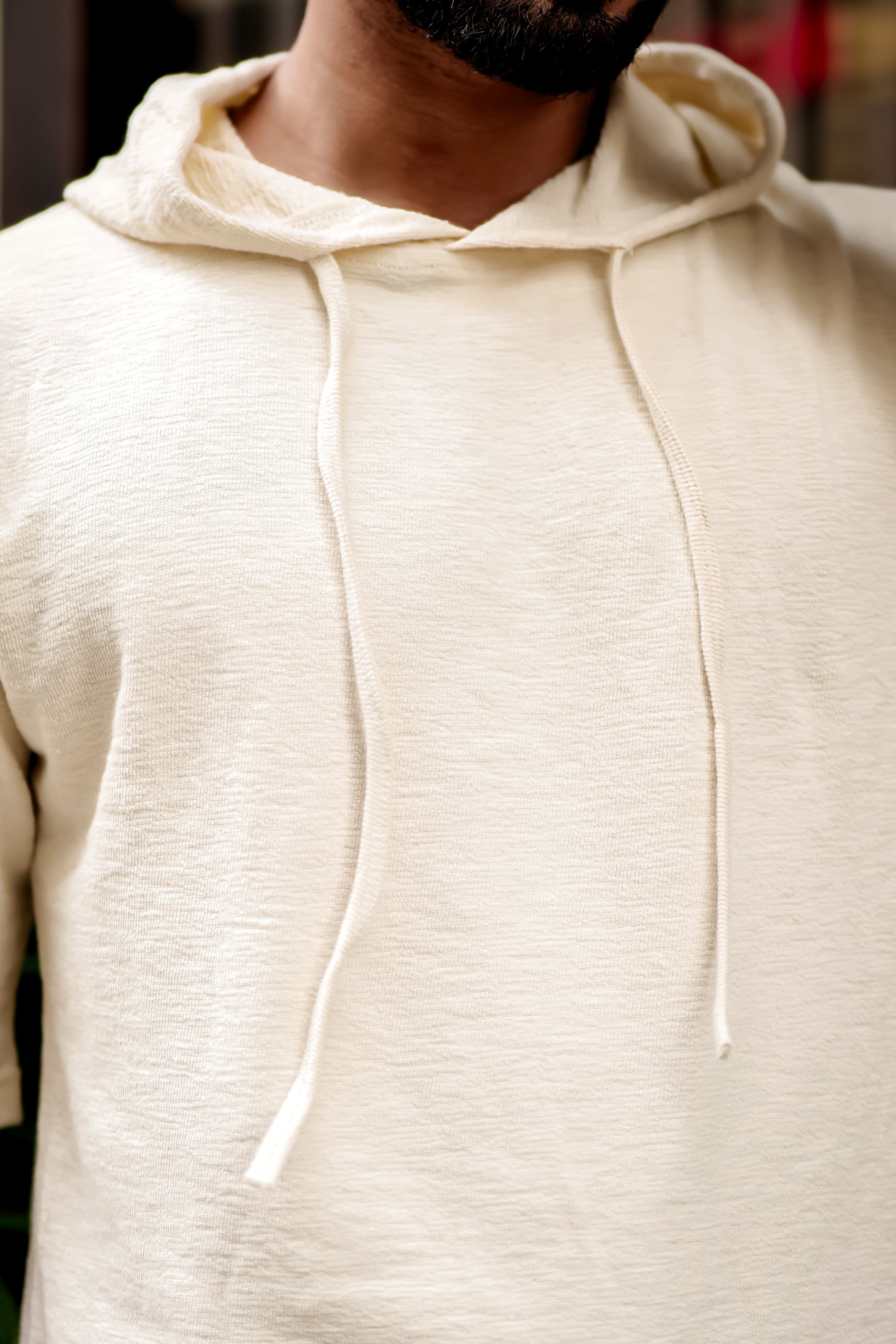 Beige Self Design Oversized Hooded T-Shirt