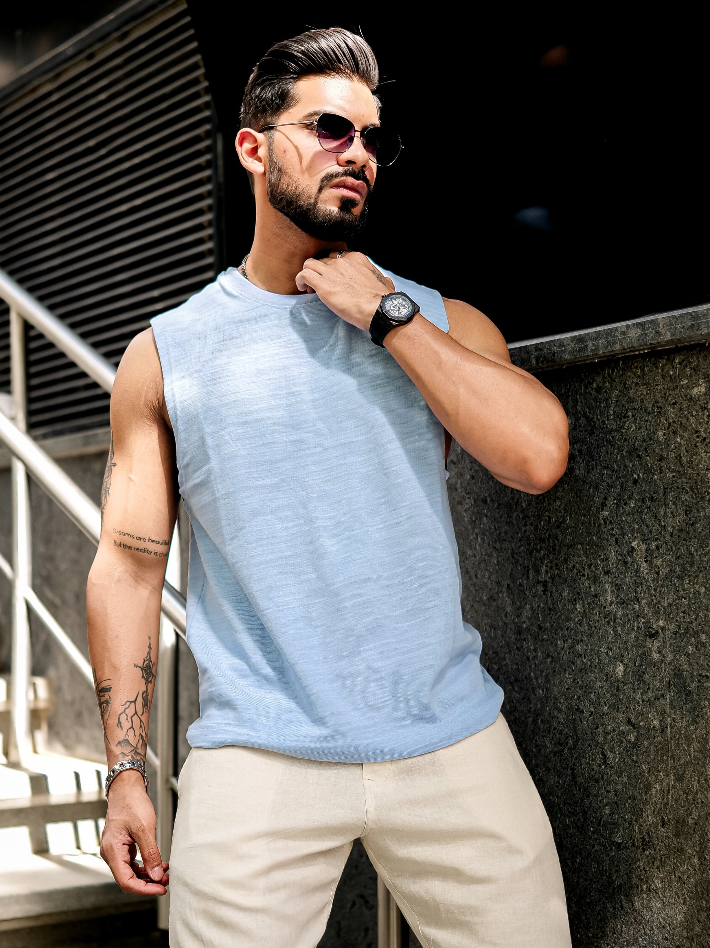 BLUE SLUB SLEEVELESS T-SHIRT