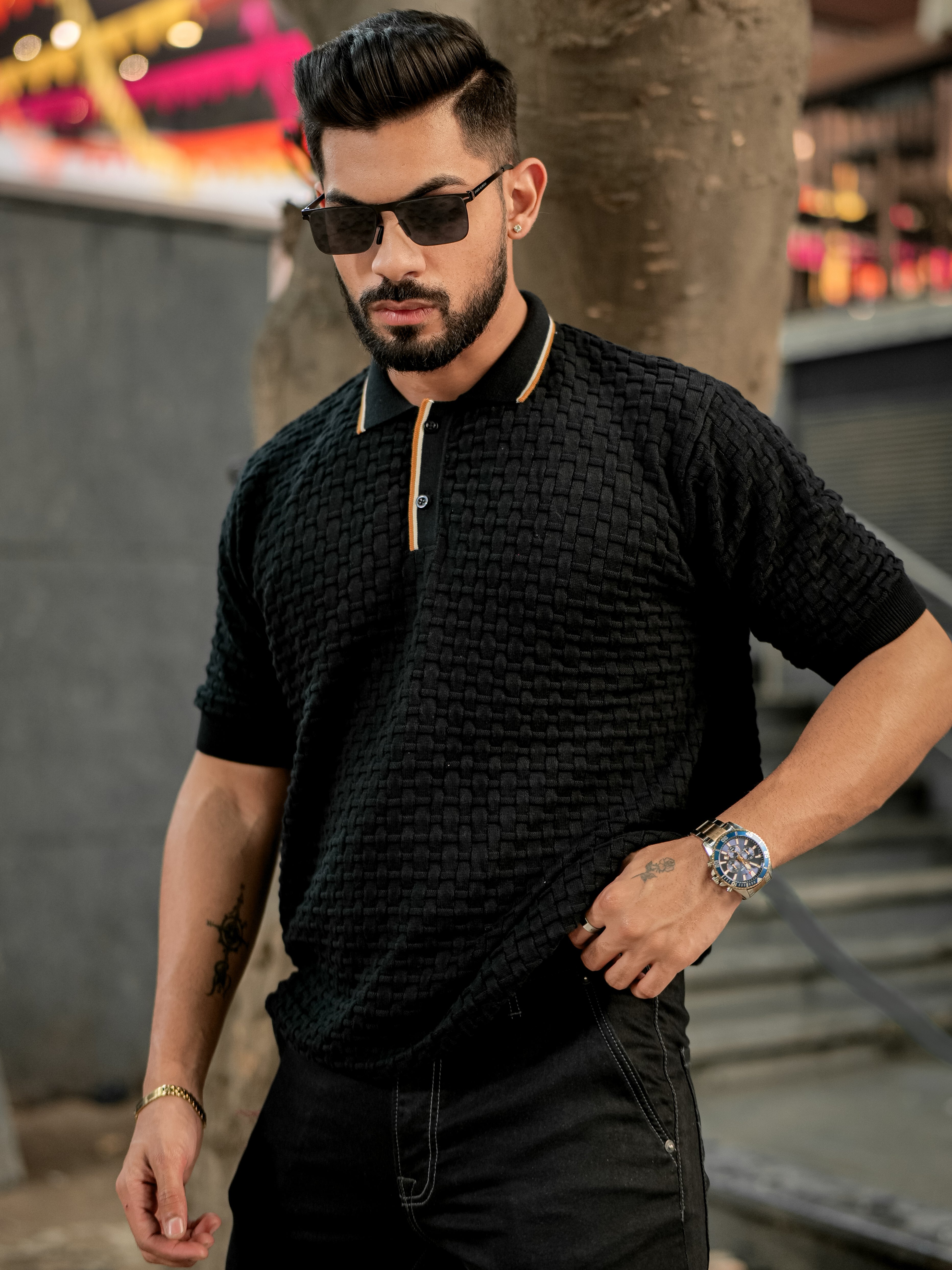 Black Flat Knit Premium Cotton Polo