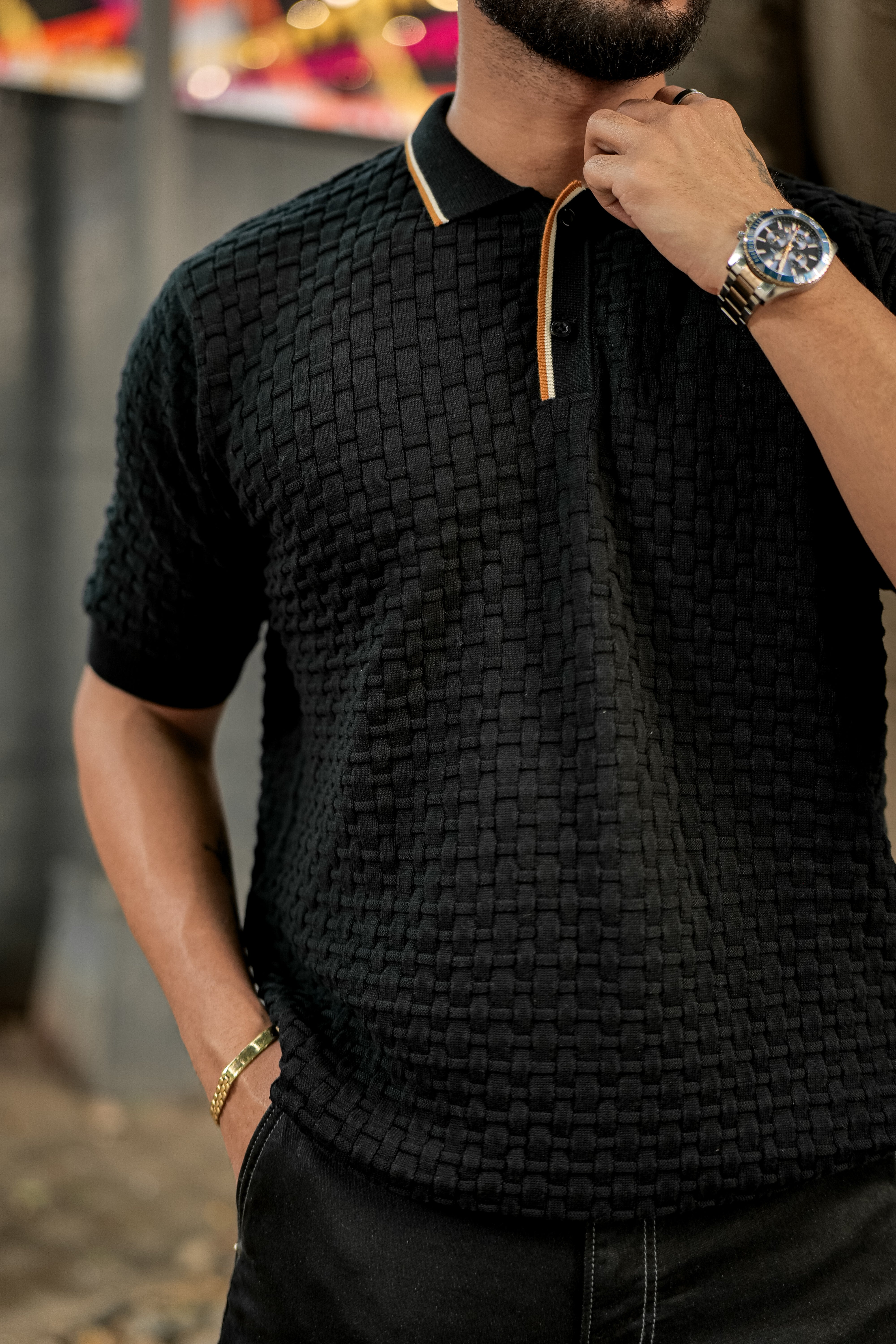 Black Flat Knit Premium Cotton Polo