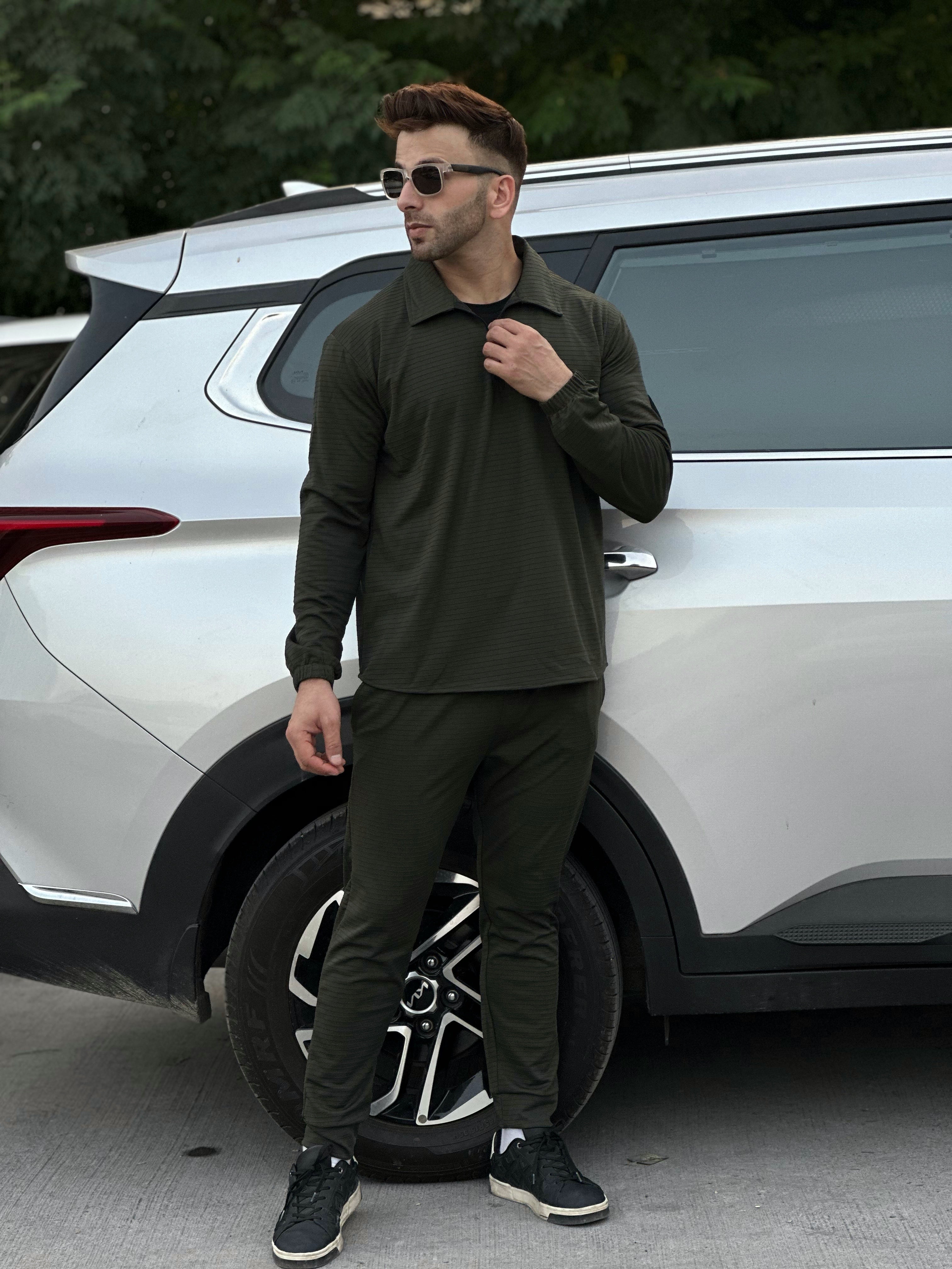 Horizontal Line Embeded Olive Tracksuit Co-Ord