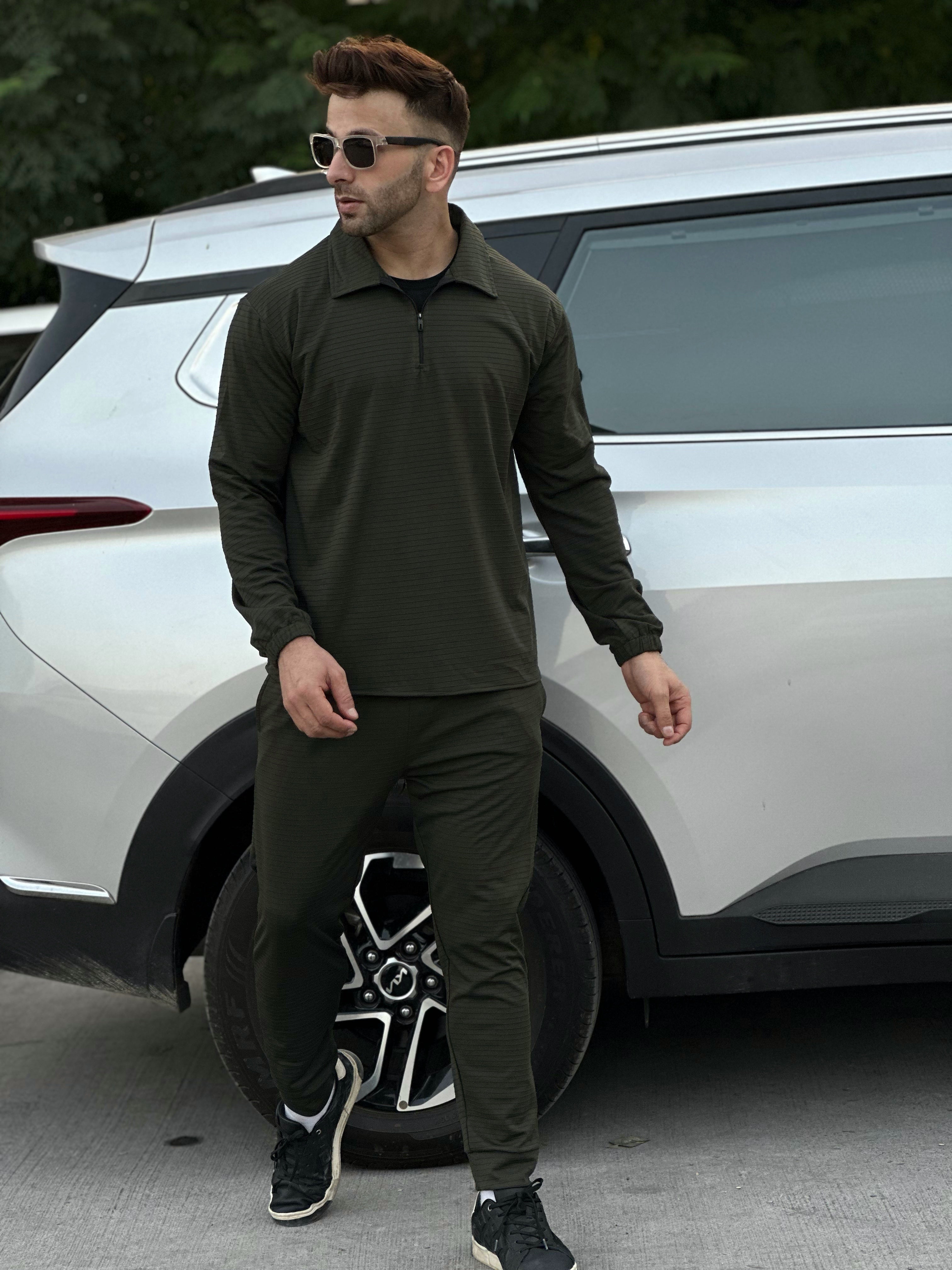 Horizontal Line Embeded Olive Tracksuit Co-Ord